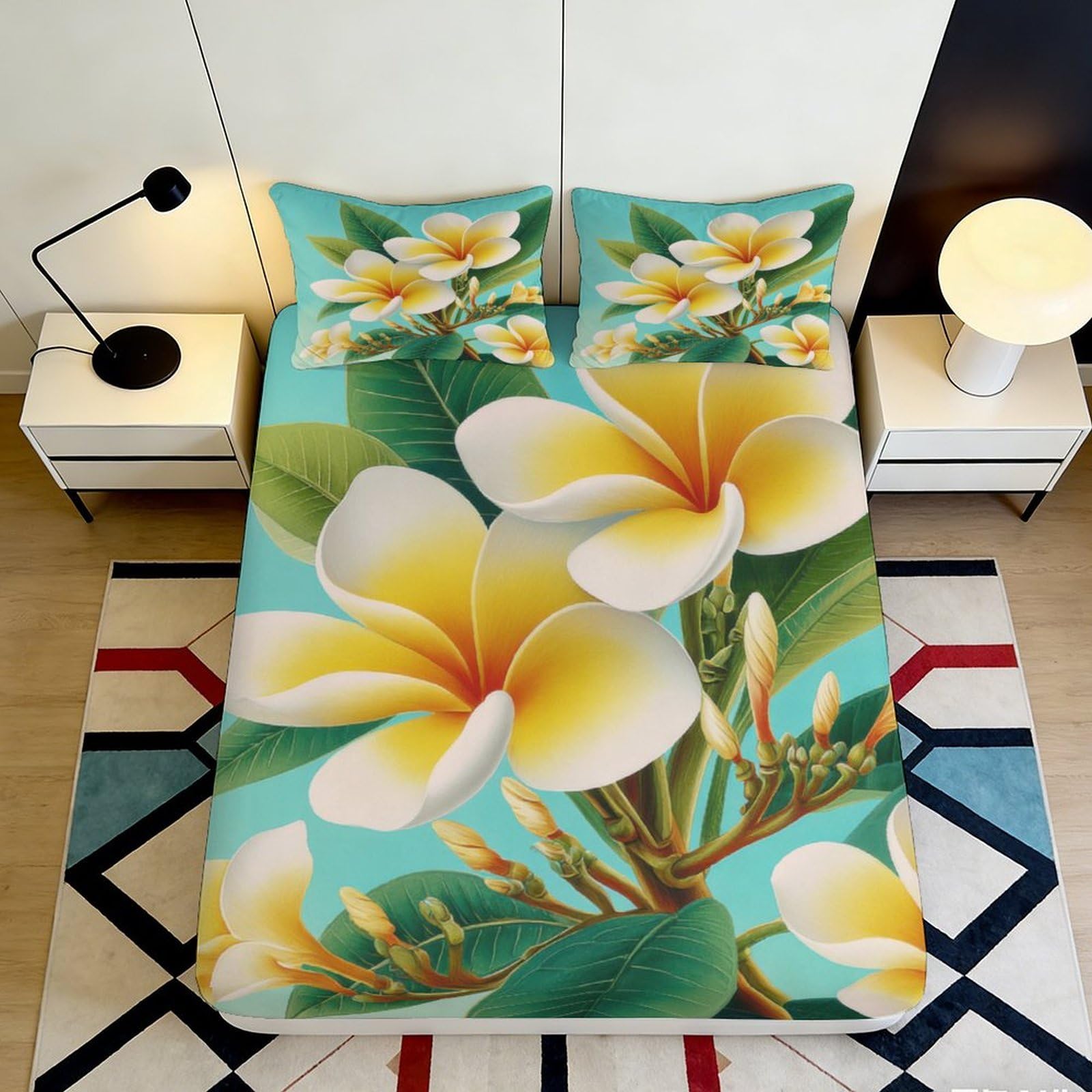 Pnayamiorkfel Style-1 3D Printed Plumeria Blossom Fitted Sheet Microfiber Soft Anti-Slip Tropical Leaf Bed Cover For Bedroom Dorm Mattress Decoration 90X200x25cm