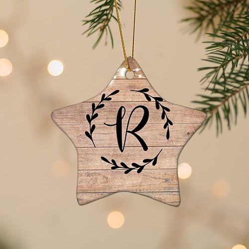 Miniatura 3 de Monograma inicial letra R adorno decorativo plano en forma de estrella adornos de Navidad de cerámica para decoración de árbol de Navidad, adorno de