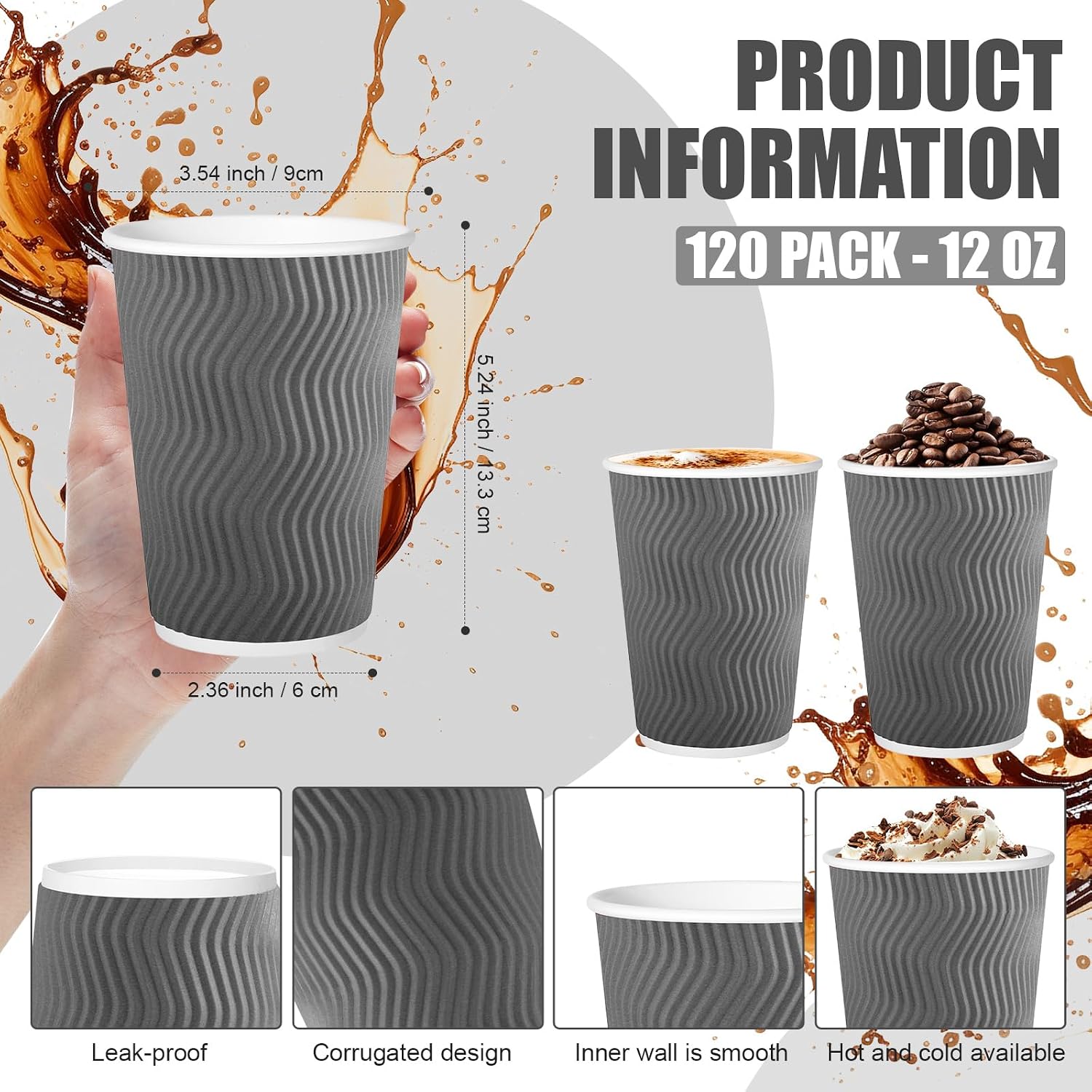 120 Pack Paper Coffee Cups, 12 oz Disposable Coffee Cups,Corrugated Insulated Ripple Wall, Paper Ripple Cups for Coffee, Hot Chocolate and Hot Tea Drinks - Gray image 2