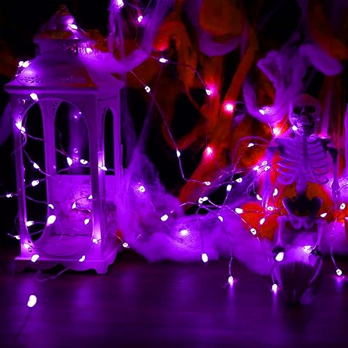 Miniatura 5 de Paquete de 12 luces moradas de Halloween que funcionan con pilas, 7 pies, 20 luces LED de hadas impermeables, mini luces de alambre plateado para