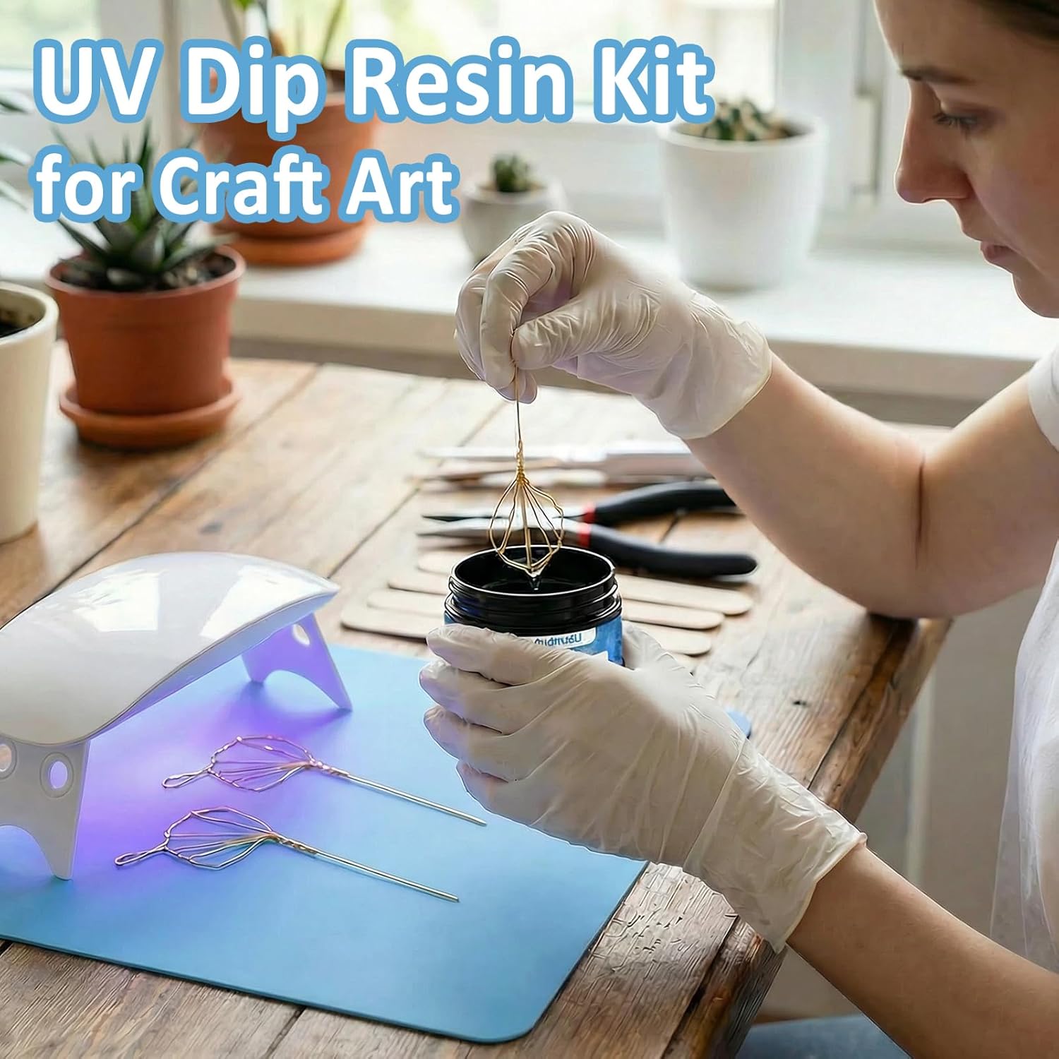 25PCS UV Dip Resin Kit for Wire Flowers Jewelry, 100g UV Dip Resin with Light Set, Crystal Clear Fast Curing Resin, Silicone Mat, UV Dip Epoxy Resin Jewelry Making Kit Supplies, DIY Art Crafts