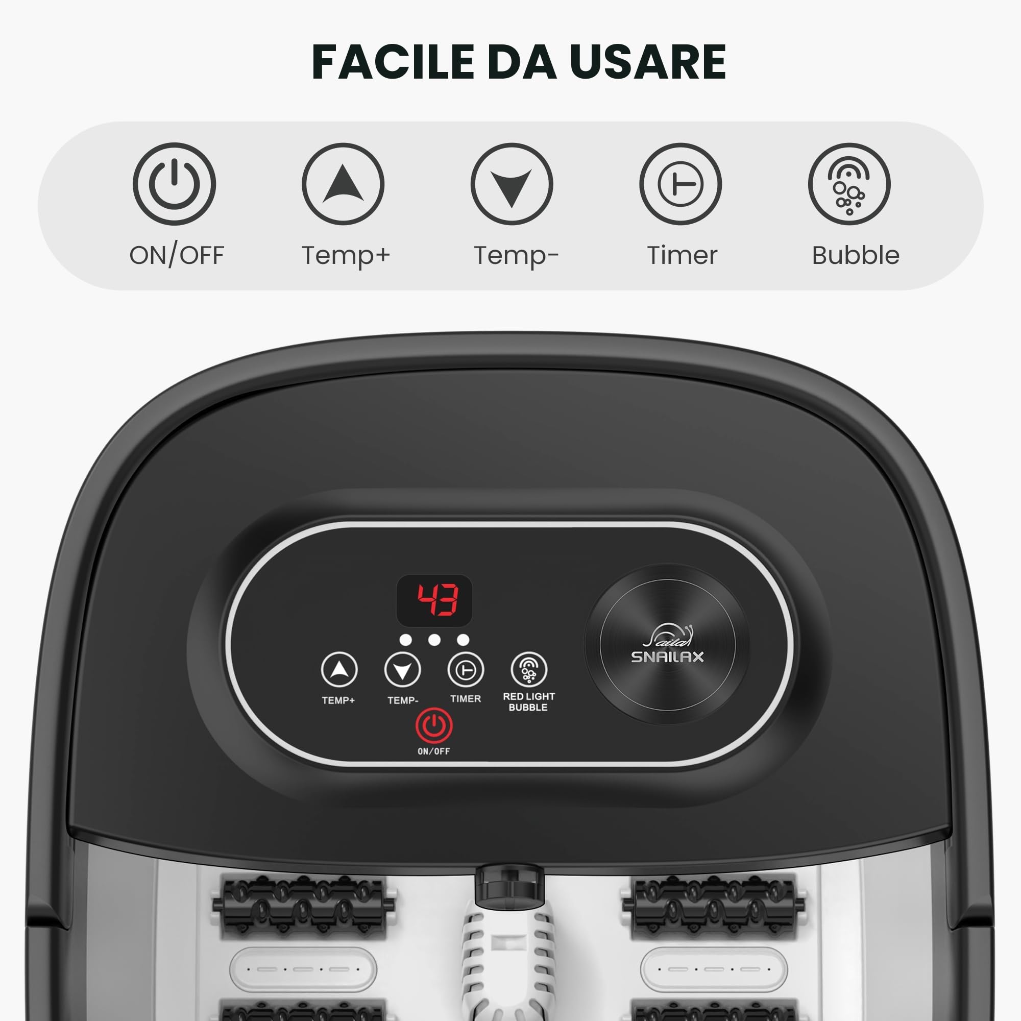Snailax Pediluvio pieghevole con massaggio e riscaldamento, pediluvio con ruote shiatsu, 14 livelli di riscaldamento, bolle, luce rossa, timer, pedana elettrica 35℃-48℃, massaggiatore per piedi
