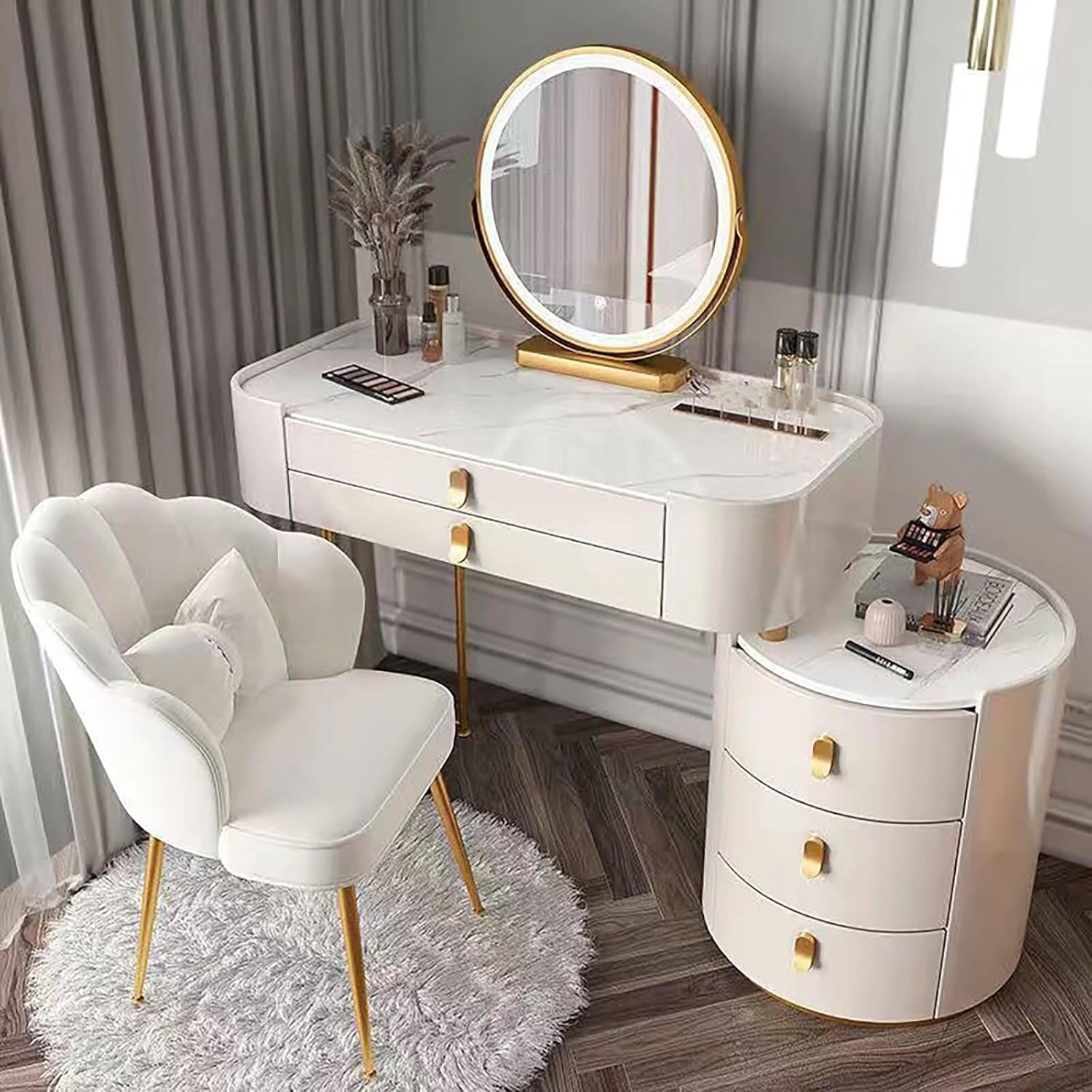 Lighted Marble Top Vanity Desk with 2 Drawers and 3 Color Lighting Modes Makeup Vanity Table Set for Girls(White-80CM)