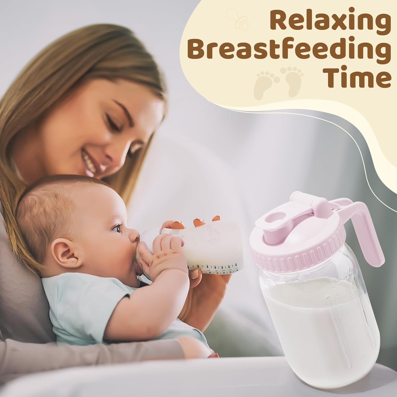 Breast Milk Pitcher with Leak Proof Flip Cap & Pour Spout, 32 oz Wide Mouth Mason Jars for Breast Milk Storage Container, Glass Picther with Lid for Cold Brew Coffee, Sun Tea, Juices, Pink - Image 5