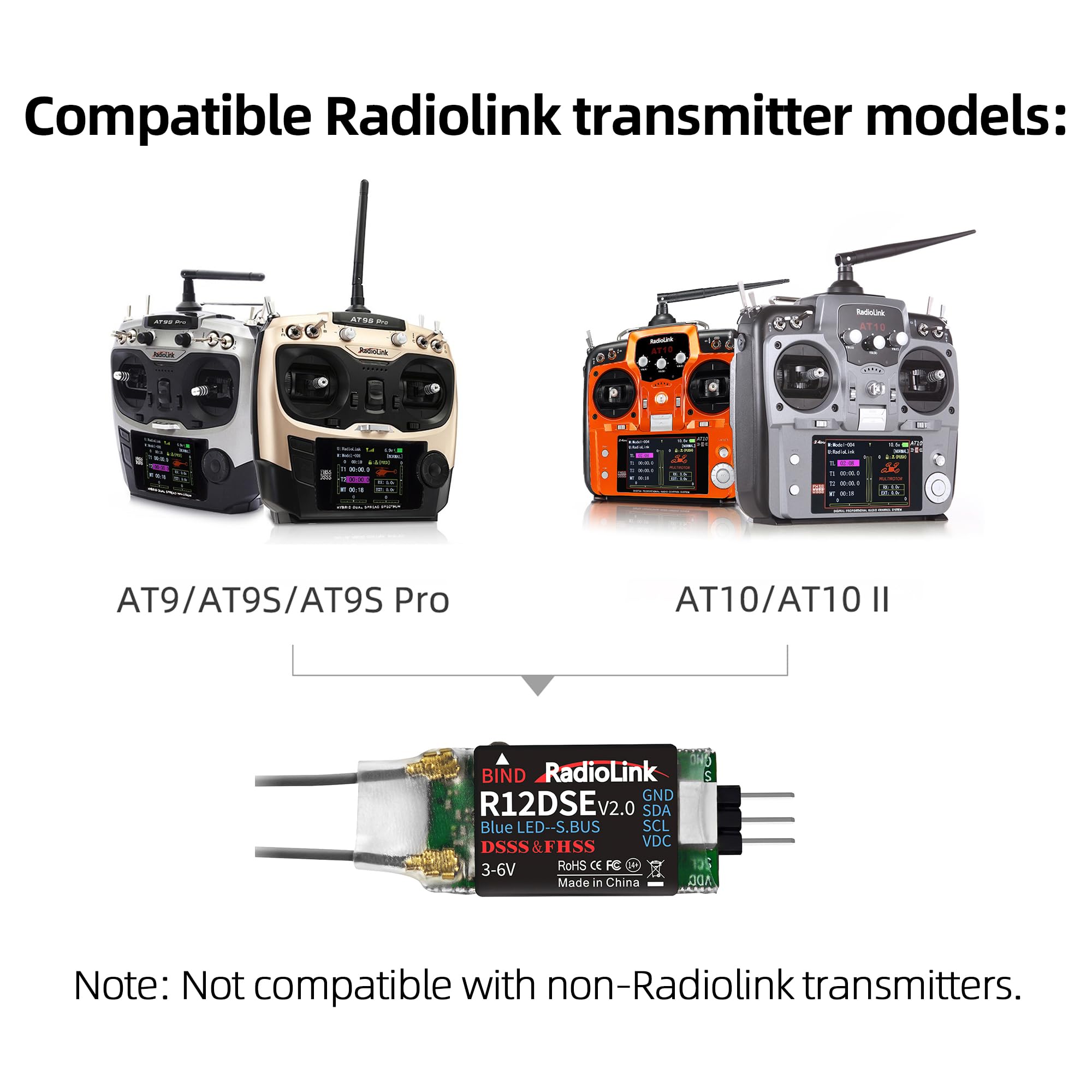 Radiolink R12DSE RC ricevitore 12 canali 2,4 GHz SBUS/PPM tensione elemetria e ampia portata per telecomando AT9/AT9S/AT9S Pro AT10II/AT10 per droni da corsa FPV, quadcopter ed elicotteri