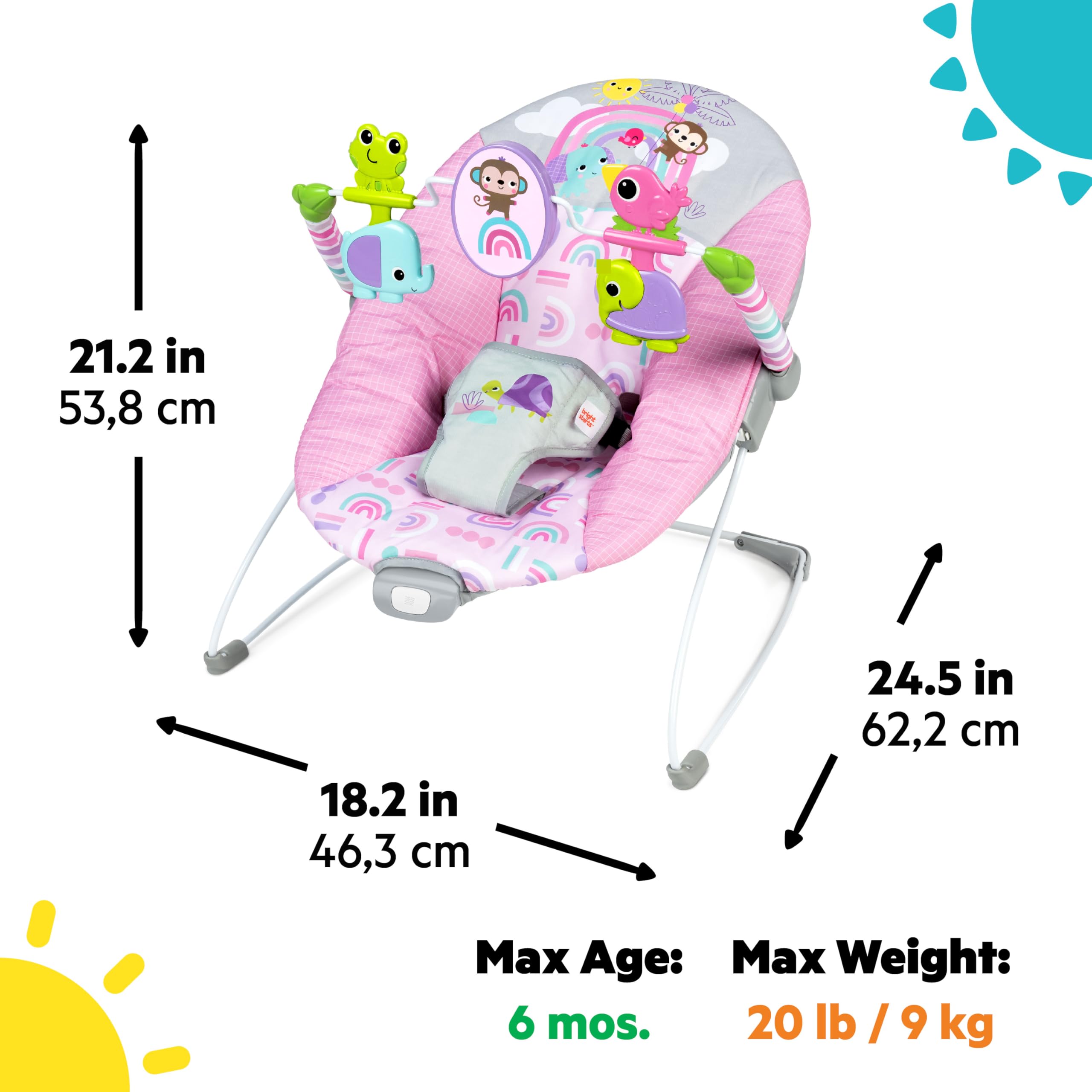 Bright Starts Transat Bébé Confortable avec Vibration Apaisante et Jouets, Unisexe, 0-6 Mois (Pink Paradise, Rose)