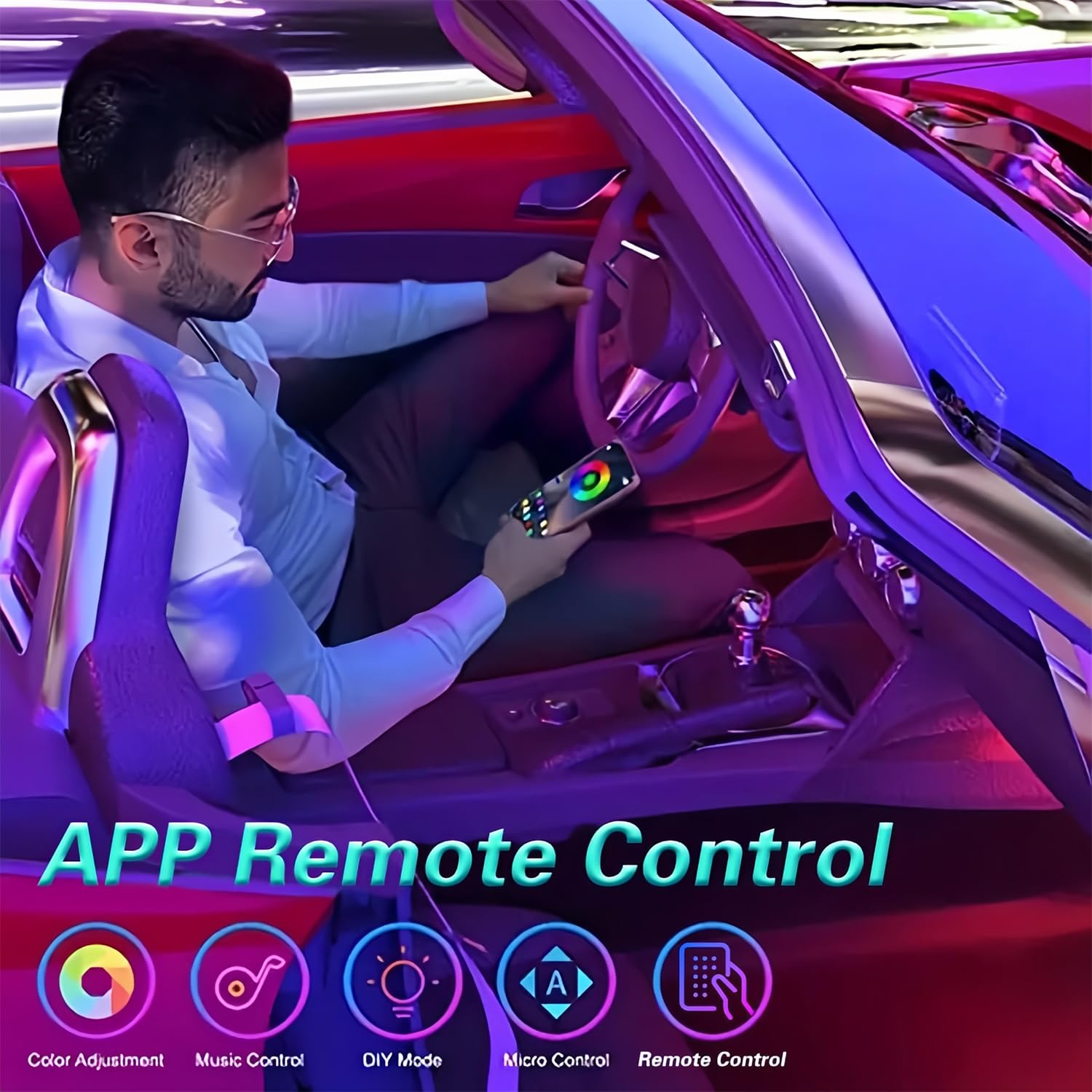 Luci Led Auto Interno, RGB Illuminazione Ambientale Auto Acrilica con 3 Metodi di Controllo Luci con Telecomando, App e USB, Neon Luce di Musica Striscia Auto110cm+35cm