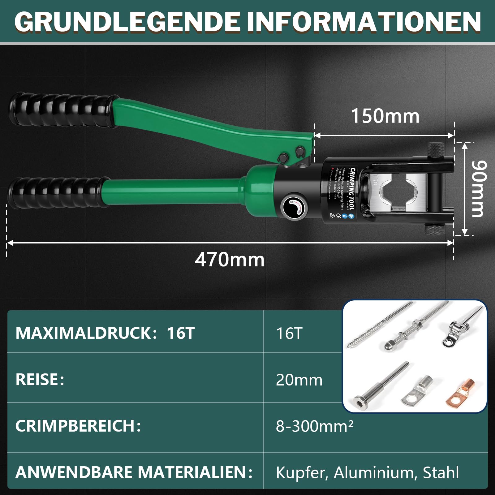 Pinza crimpatrice idraulica a 16 tons con crimpatrice, capicorda idraulica con 13 set (pinza crimpatrice 8-300 mm²) di crimpatrici per capicorda in rame, alluminio, funzionamento cavi (verde)