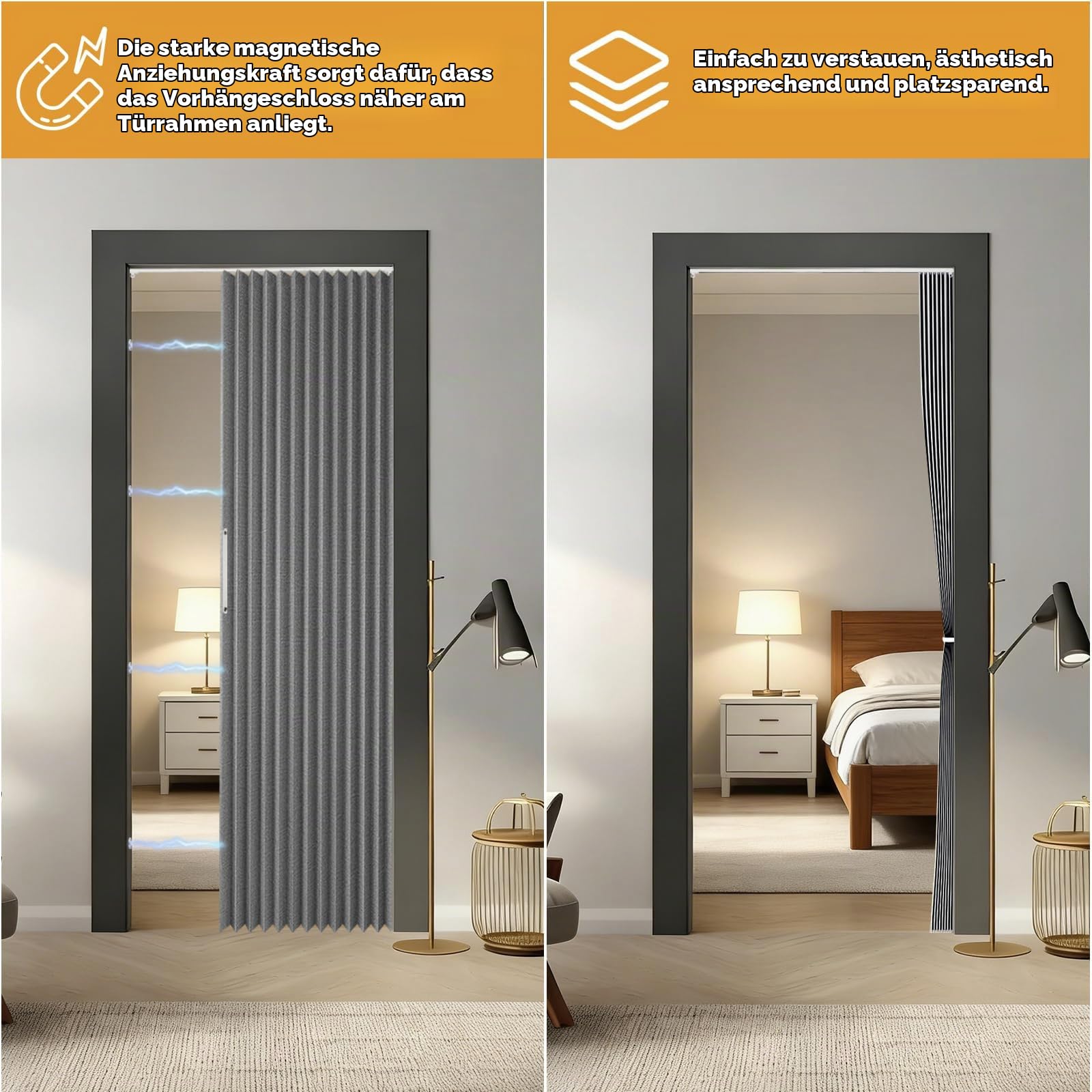 Magnetischer Türvorhang, 120x200cm Faltbarer Raumteiler Vorhang, Verdunkelung Falttüren Innentüren, Falttür Ohne Bohren mit Klebeschiene, Haken, für Schränke/Bad/Schlafzimmer/Wohnzimmer (Grau)