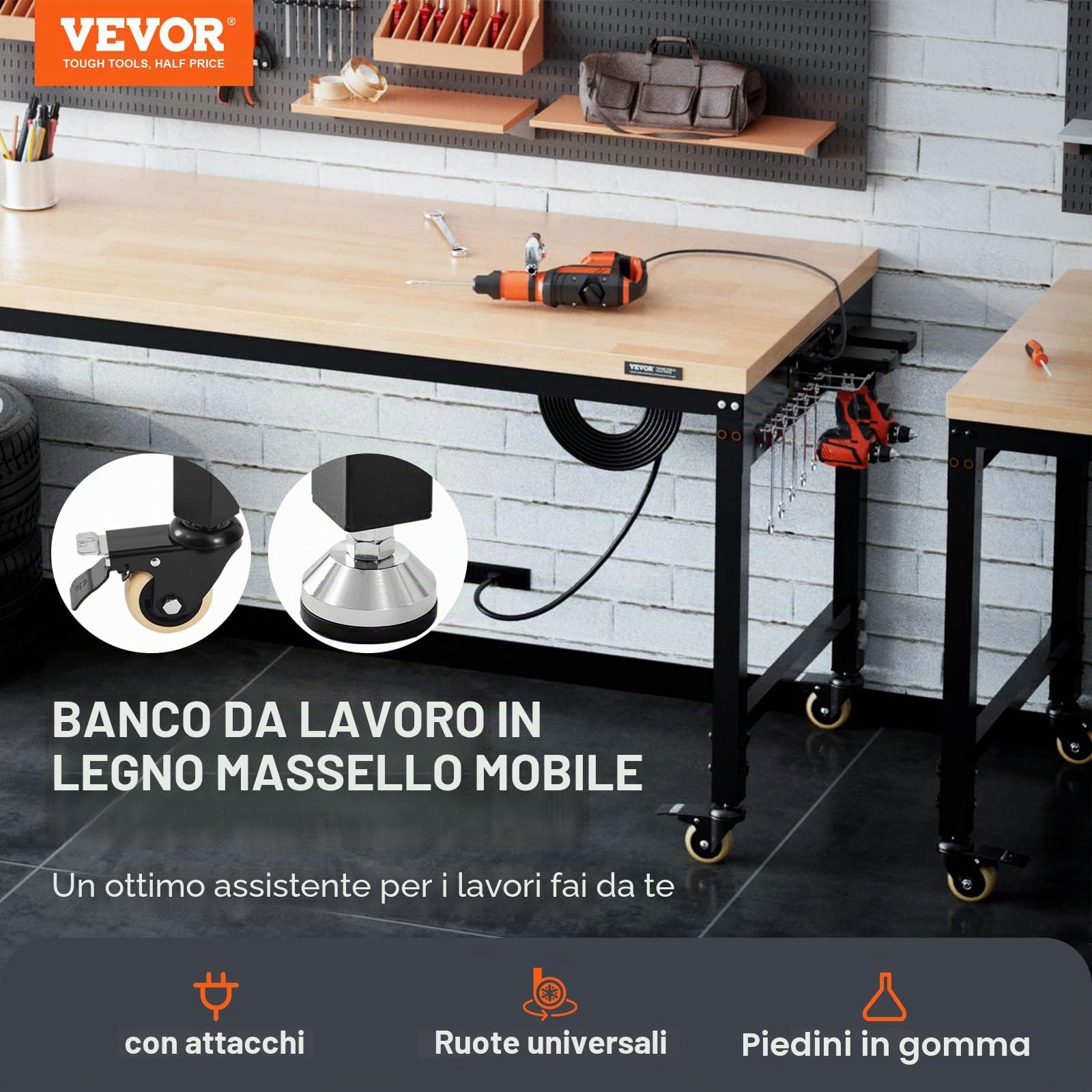 VEVOR Banco da Lavoro Regolabile Tavolo Lavoro Dimensioni Piano 1829 x 635mm Altezza Regolabile 71,1-100,3 cm Carico max. 1361kg, Tavolo con Prese di Corrente Piano in Legno per Ufficio, Casa, Garage