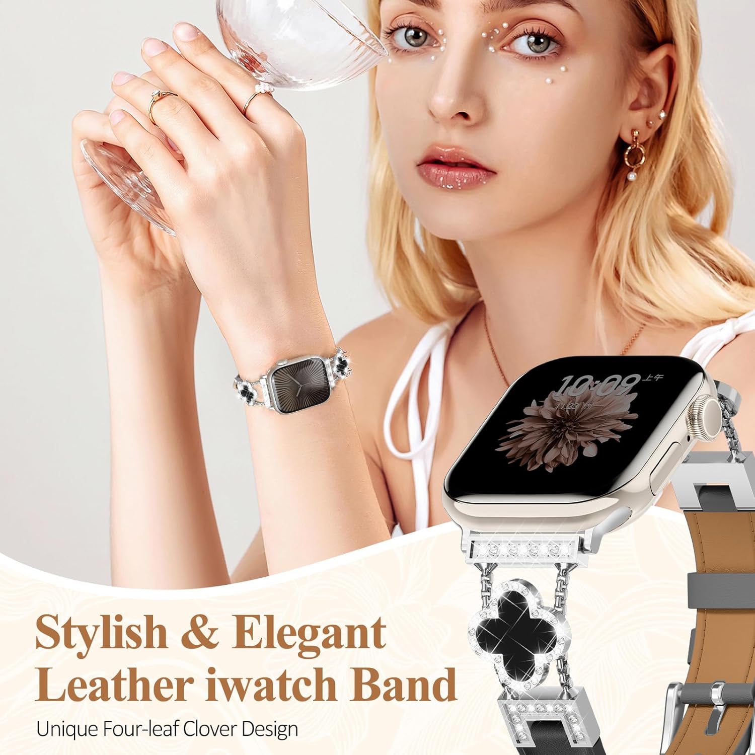 SOLOLUP Leather Band Compatible with Apple Watch Bands for Women 42mm 44mm 45mm 46mm 49mm,Dressy Slim Thin Cute Bracelet with Bling Buckle Metal Link Chain for iWatch 11 10 9 8 7 6 5 4 3 SE Ultra 3/2 - Image 2