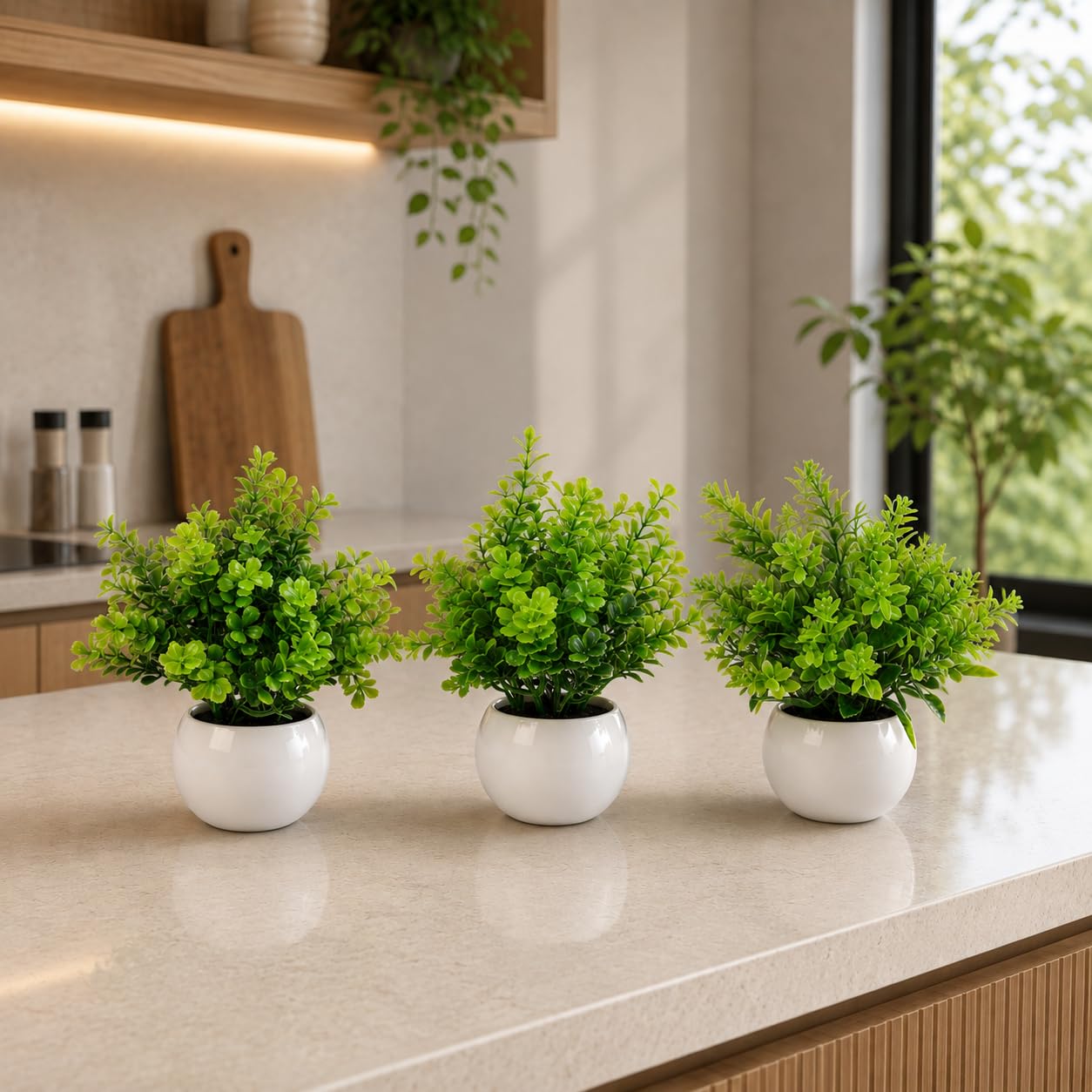 PASCH® 3er Set Kunstpflanzen wie echt (18cm) in weißen Keramiktöpfen | Kleine Kunstpflanzen im Topf | Künstliche Pflanzen im Topf | Mini Fake Plant | Kunstblumen im Topf