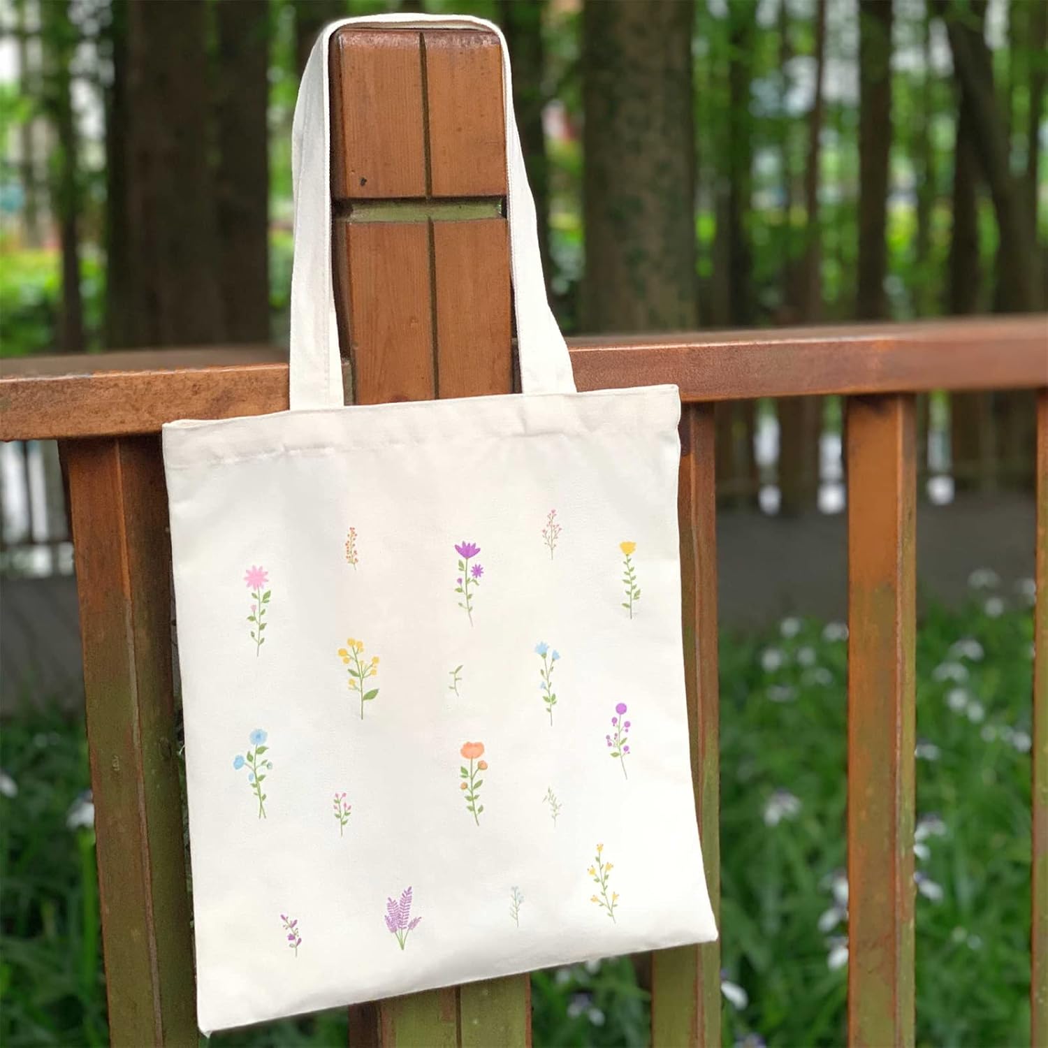 Kazova Floral Cotton Canvas Tote Bag Aesthetic Flower Tote Minimalist Bouquet Reusable Canvas Bag With Handles Grocery Shopping Botanical Wildflower Canvas Bag - Image 7