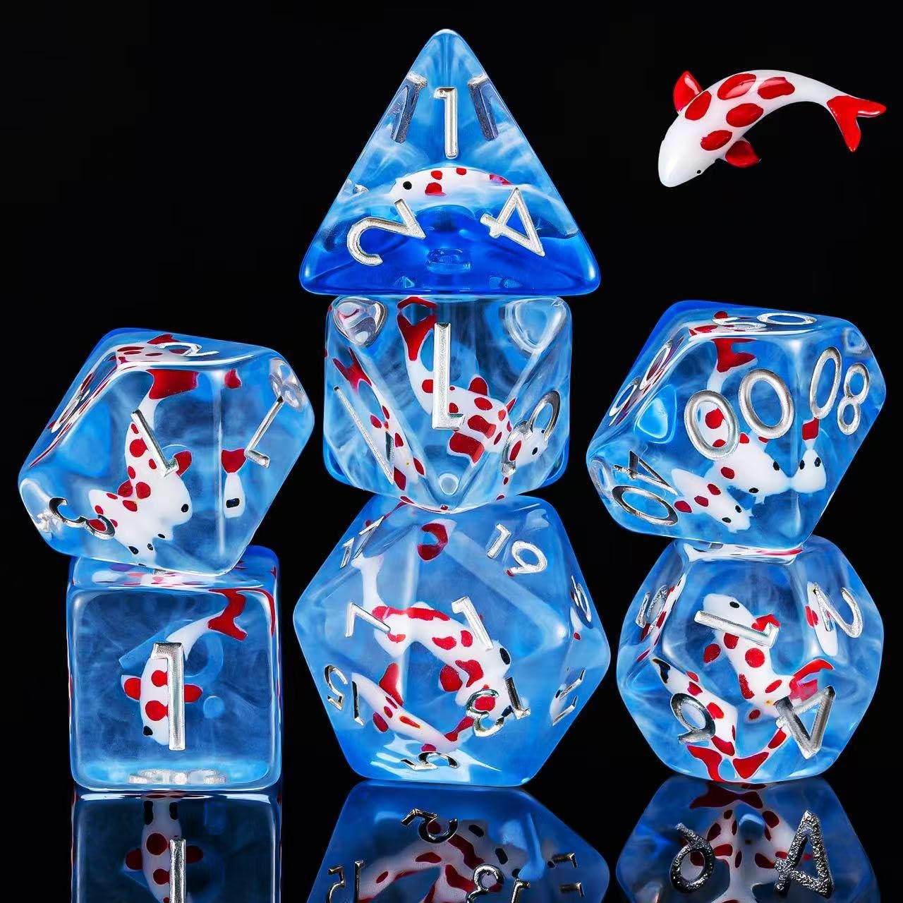Weyano Red Fish Resin D&D Dice Set, Polyhedral Dice for Dungeons and Dragons Role Playing Games (D20, D12, D10, D8, D6, D4)