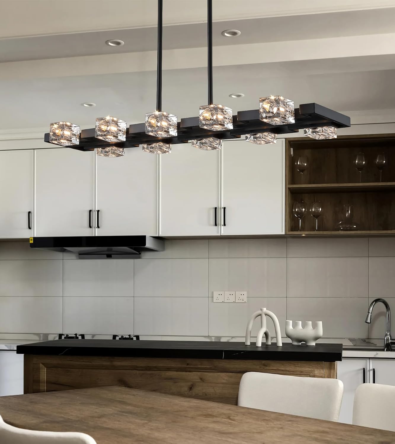 AMZASA Black Modern Crystal Chandeliers for Dining Room,10 Lights Large Industrial Rectangle Chandelier for Kitchen Island Dining Table Bar Cafe Restaurant