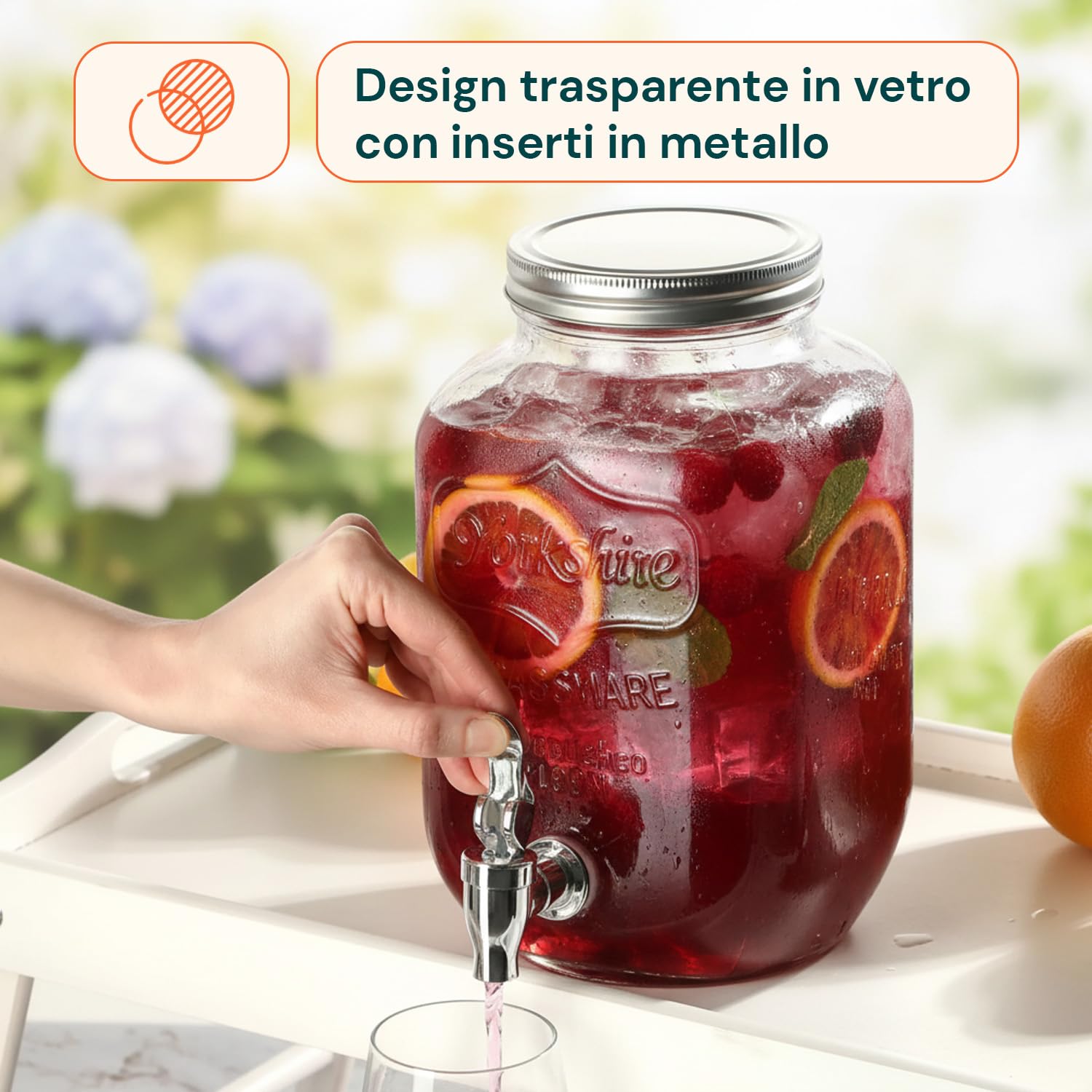 Avilia - Dispenser Bevande in Vetro 4L con Rubinetto e Infusore Integrato, Contenitore per Acqua e Succhi per Cucina e Ufficio, con Coperchio in Alluminio per Uso Quotidiano ed Eventi