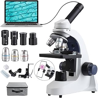 Compound Monocular Microscope for Adults Students, 40X-2000X Magnification, Microscopes with 1.3 MP USB Eyepiece Camera, Phone Adapter and Microscope Slide Set for Laboratory School Home Education