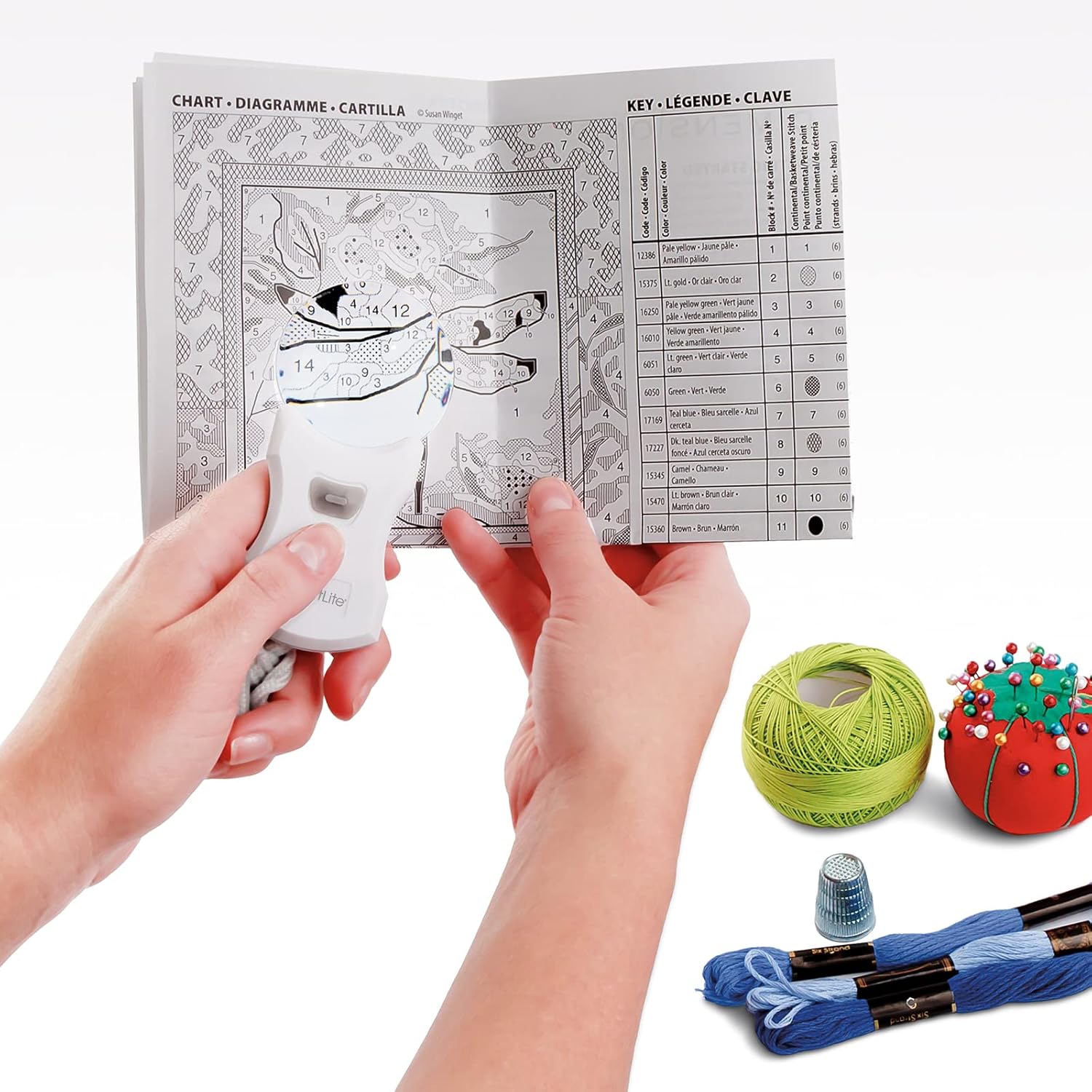 Person using OttLite Magnifier for crafting