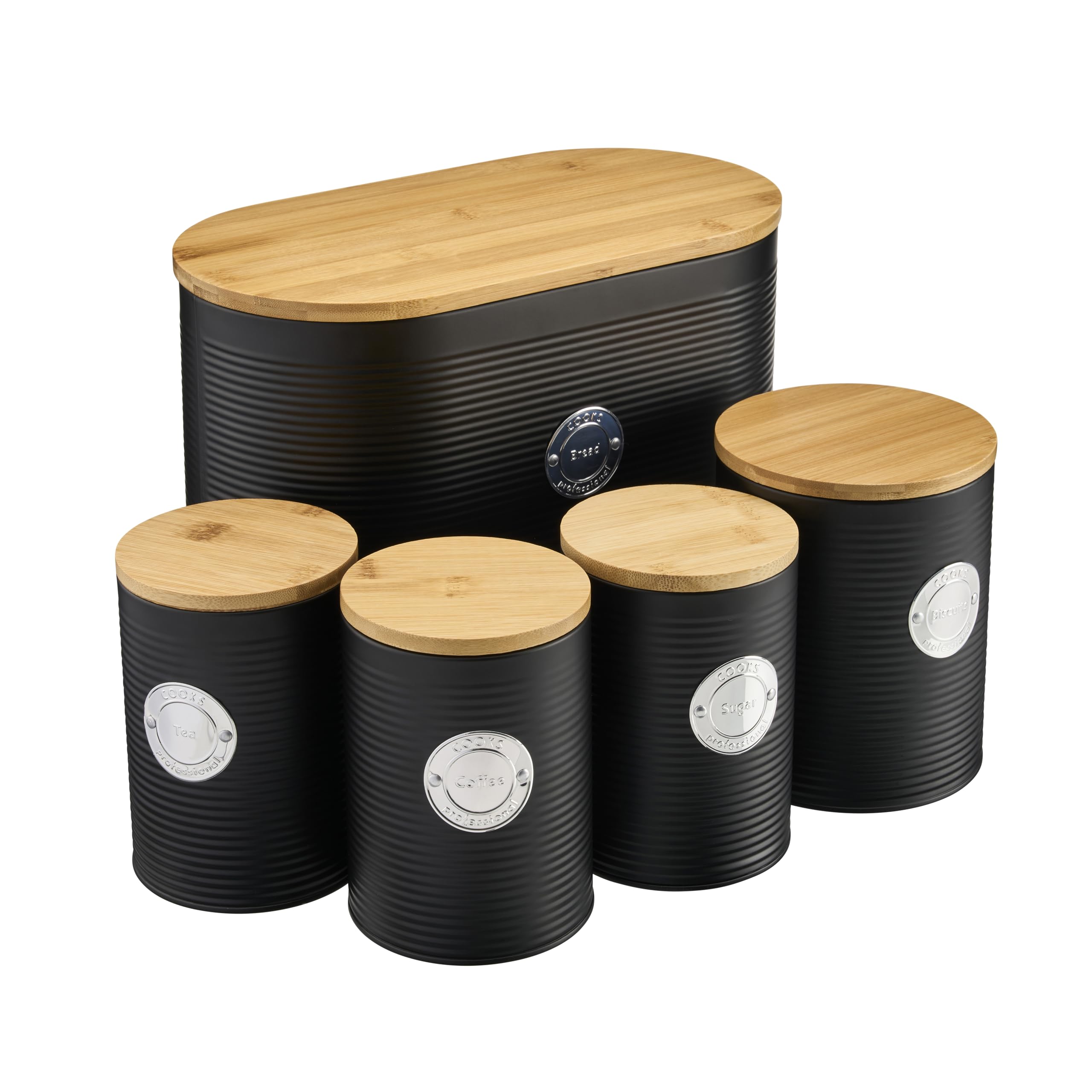 Cooks Professional 5 Piece Ribbed Tea Coffee Sugar Bread & Biscuit Cannisters with Air-Tight Bamboo Lids | Stainless Steel Kitchen Storage Bin Set | Modern & Stylish | Black & Silver โ image 1