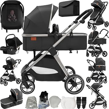 3 in 1 Baby Stroller Travel System, Pushchair 3 in 1 Set, Toddler Pram with Reversible Two Pushing Modes, Newborn Buggy Aluminum Frame, Infant Carriage One-Click Folding V10 Deep Grey