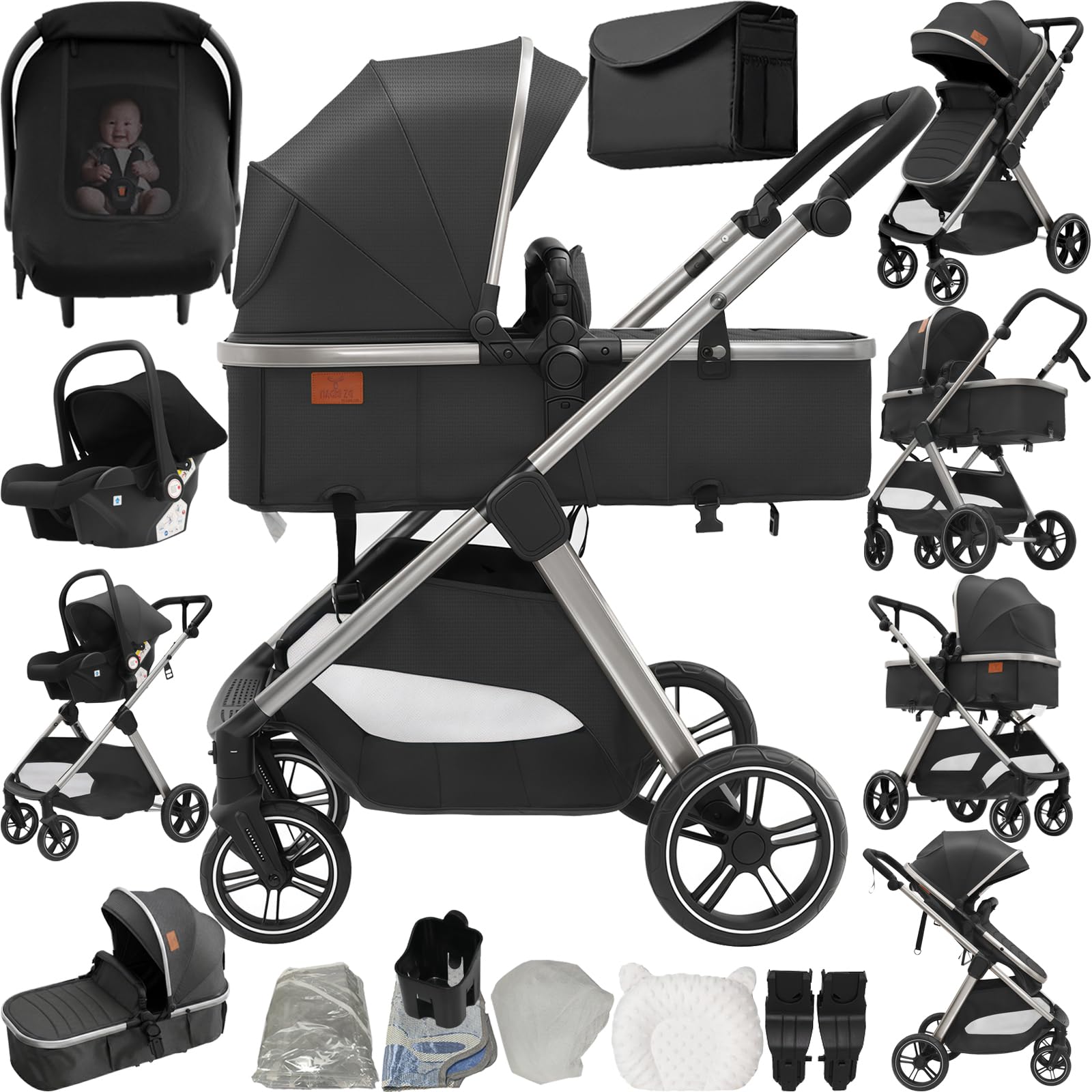 wózek dziecięcy 3 w 1, Buggy z jednoklikowym składaniem, wózek z dwoma odwracalnymi trybami przesuwania, wózek kombi 3 w 1 kompletny zestaw z ramą z aluminium (V10 Deep Grey)