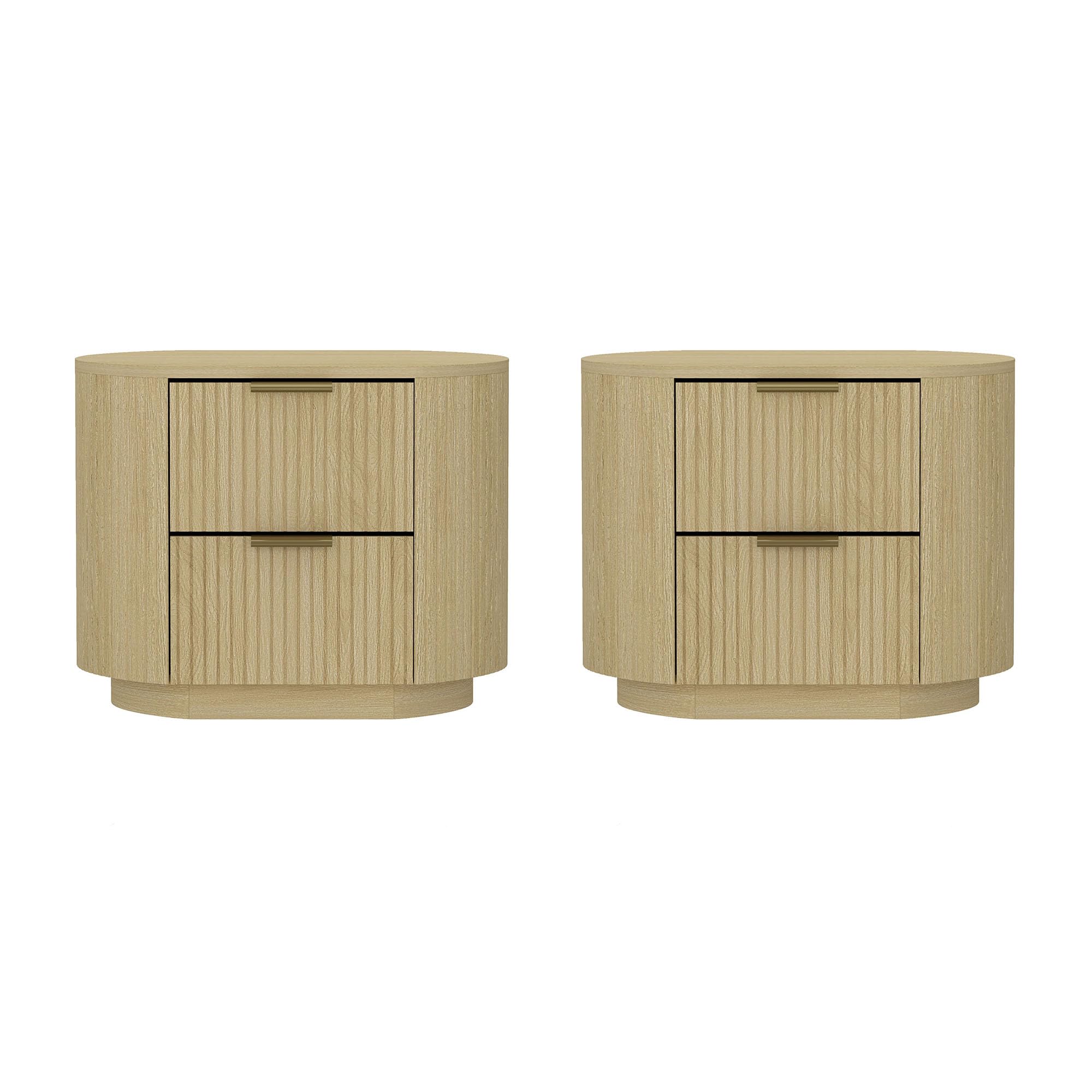 View 1 of *** MINOR DAMAGE***Manhattan Comfort Olivia Wooden Nightstands Set of 2 with 2 Drawers for Modern Bedroom or Living Room – Minimalist Bed Side Table Set with Rounded Corners and Metal Glam Handles, Natural Oak and Gold