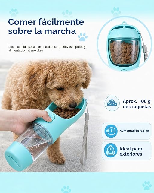 Foto 5 de 8 de Botella para perros 3 en 1, 350 ml botella de agua para perros con compartimento para alimentos de 100 g…