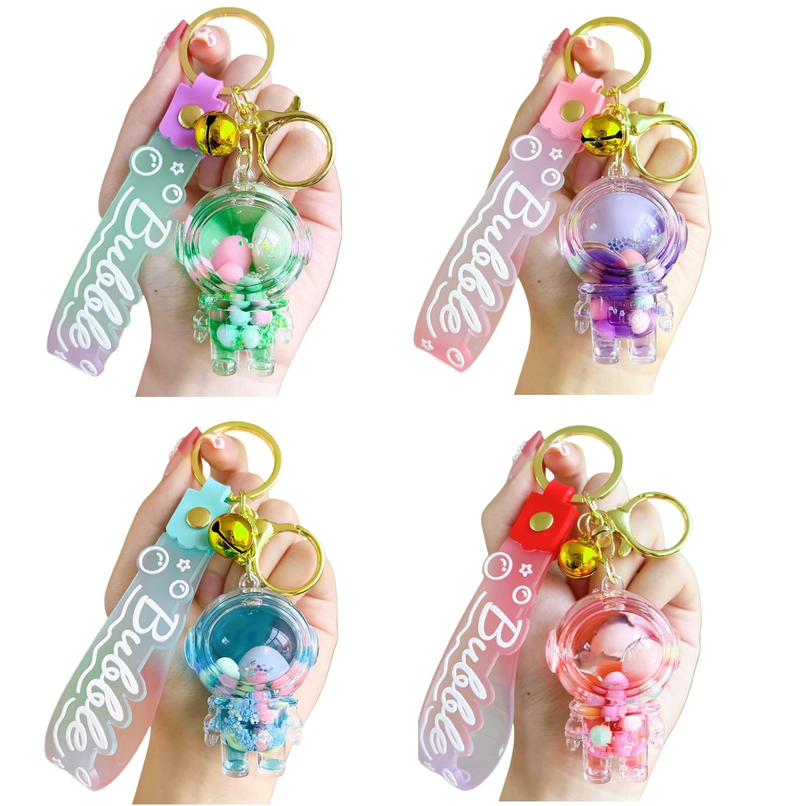 KHIOPNT 4Pcs Kawaii Keychain Astronaut Liquid Floating Quicksand Cute Keychains Bag Charm Wristlet Bracelet Key Ring for Women Girl