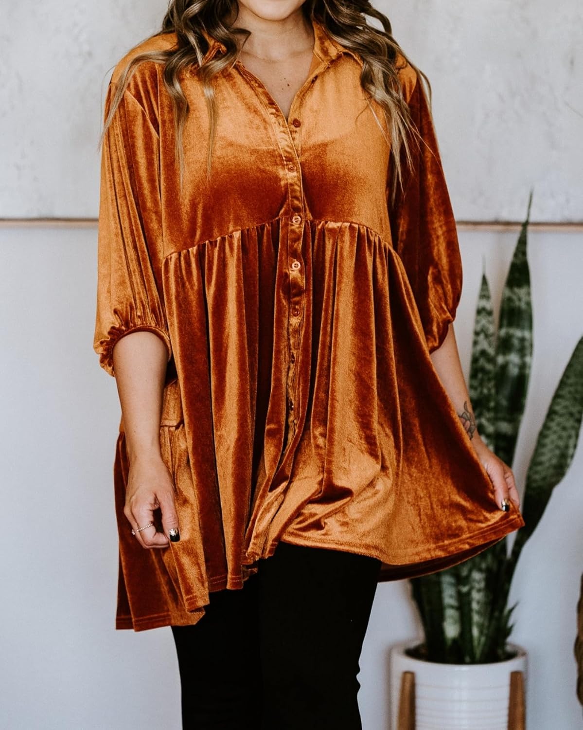 Womens Velvet Dress Button Down T Shirt 3/4 Sleeve Tunic Dresses Casual Babydoll Mini Dress - Image 5