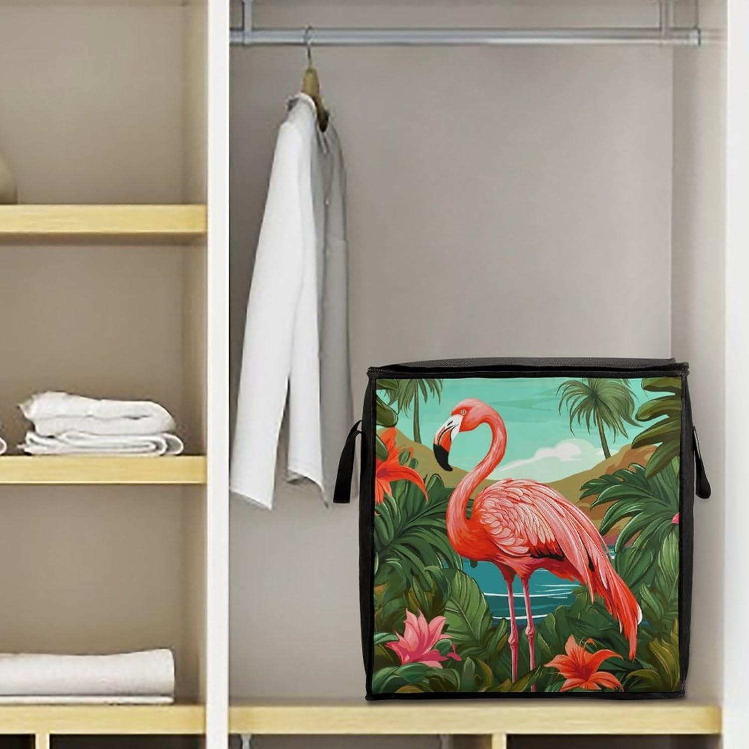 Tropical Flamingo Comforter Storage Bag with Lids And Handle Large Capacity Clothes Storage Bin Foldable Pillow Quilt Organizer Fashion Fabric Moving Bag for Wardrobe 70L