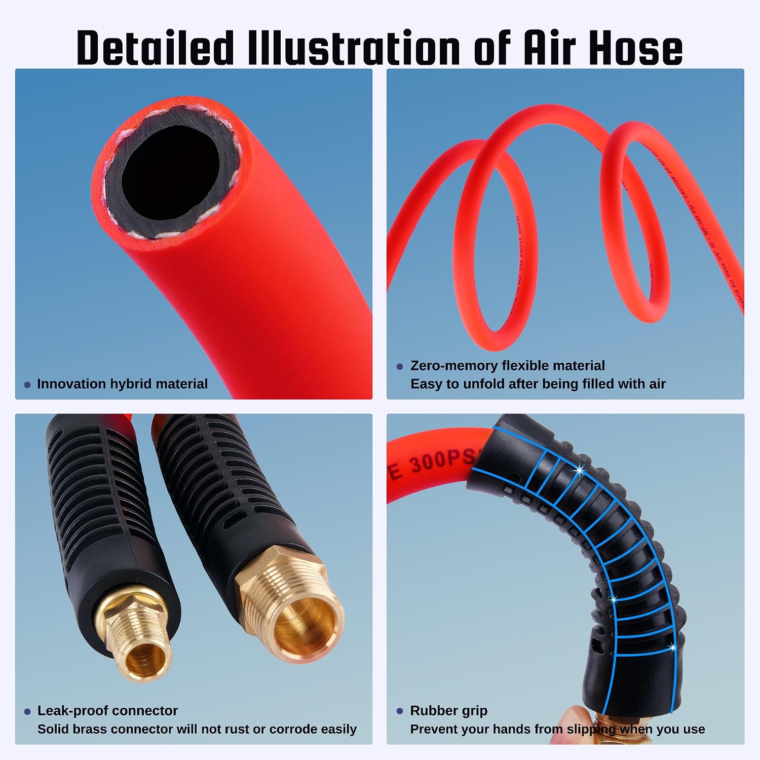 Truck Tire Inflator Kit, 3/8” x 50FT Hybrid Air Hose with 1/4" Chuck and 1/2" NPT Universal Gladhand Connection