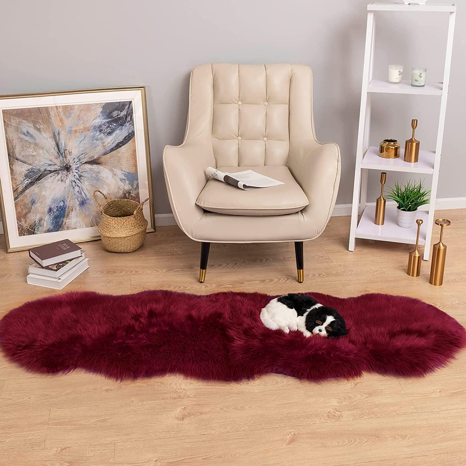 Lammfellimitat Teppich Faux Lammfell Schaffell Teppich Weich Flauschig Faux Fell Teppich Bettvorleger Sofa Matte Kunstfell Dekofell für Wohnzimmer Schlafzimmer (60x180 cm, Rot)
