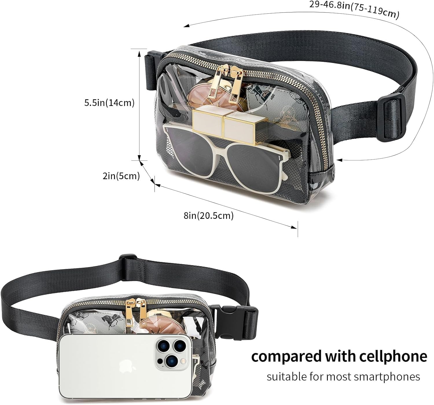 Clear Fanny Pack Belt Bag Stadium Approved for Women Men with Adjustable Strap Water-resistant Waist bag Clear Purse for Travel Workout Running Hiking(Black) - Image 6