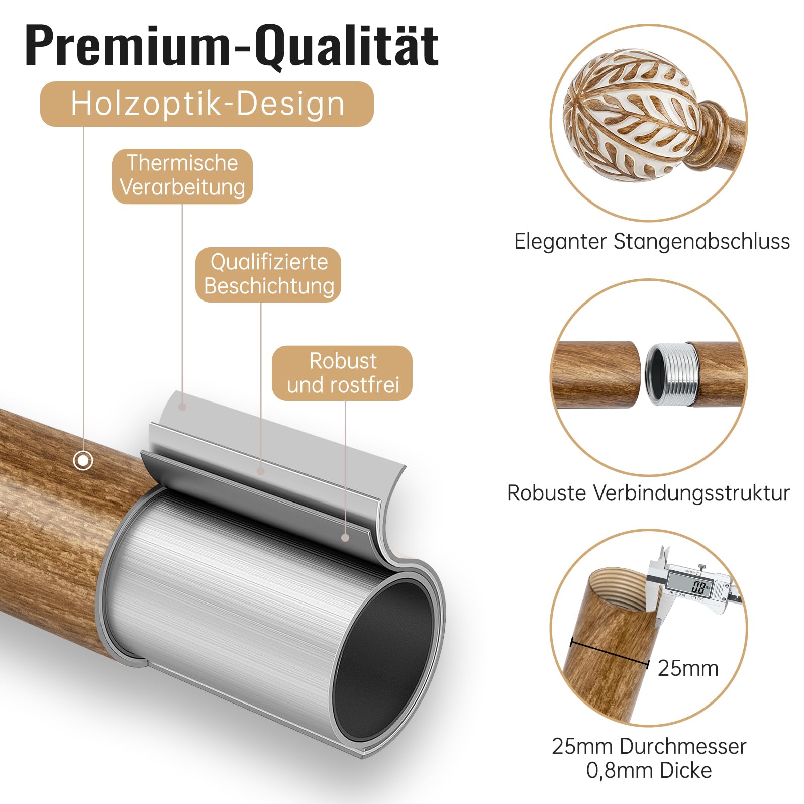 Barra de Cortina Extensible 76-219 cm | Tubo de Metal Ø 25 mm con Acabado en Madera y Motivo de Hoja | Montaje en Pared o Techo | Para Salón y Dormitorio, Marrón Café