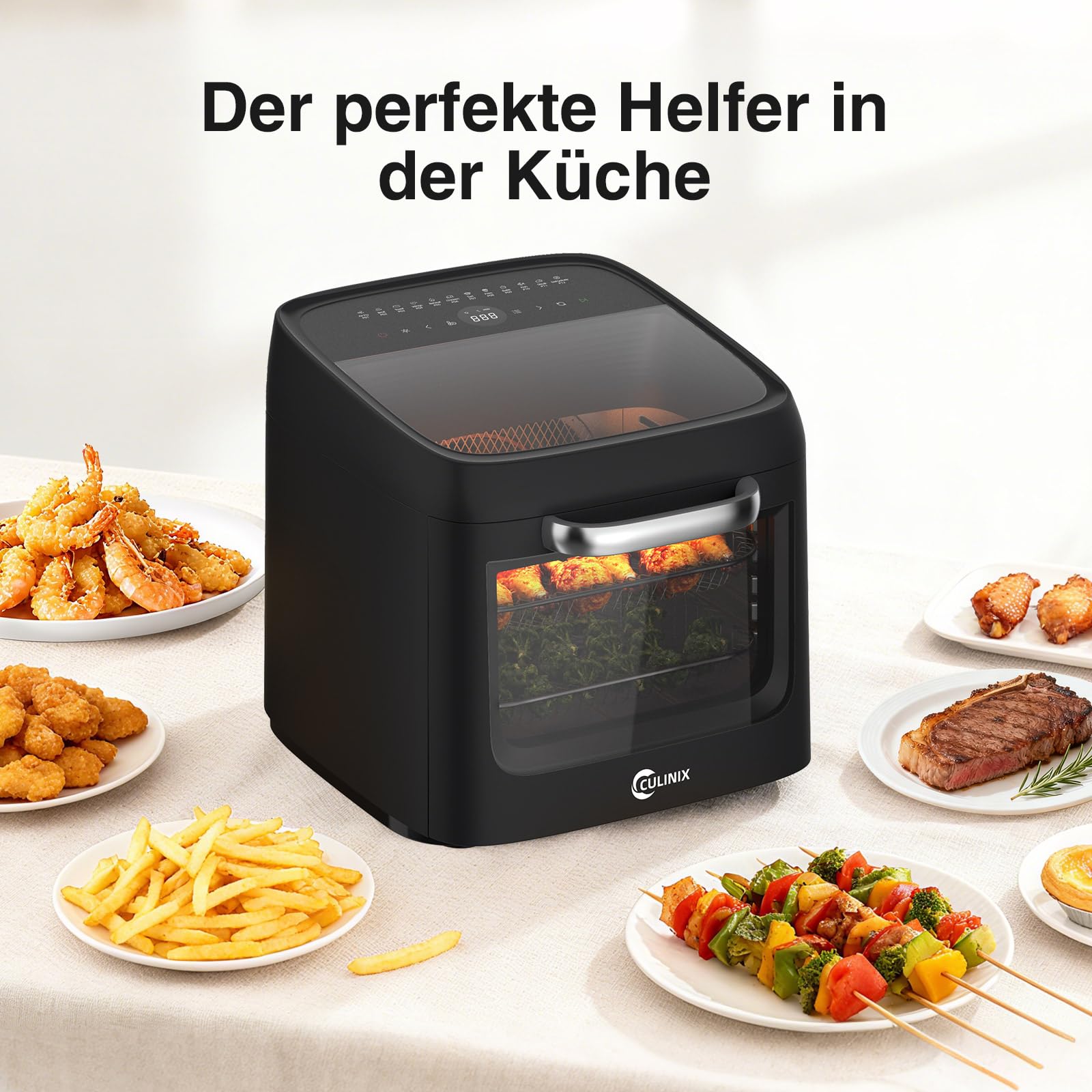 Große Heißluftfritteuse Pizza,Air Fryer XXL 12L,Backofen 12-in-1 Heissluftfritteuse Rotisserie mit 8 Zubehör,Grill Friteuse,Multifunktionale AirFryer ohne Öl mit 2 Großes Sichtfenster