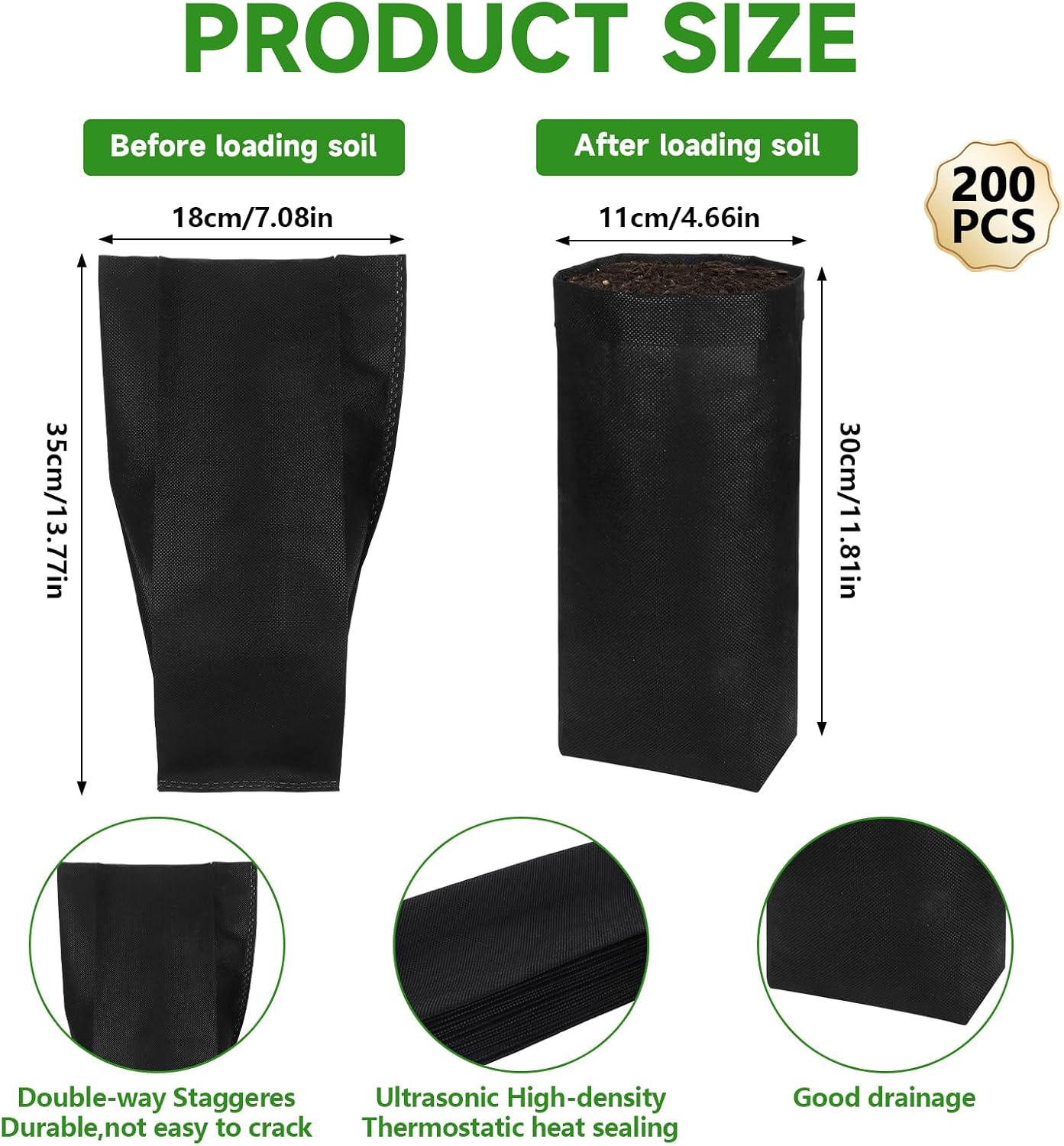 200PCS Nursery Bags 13.5" H Plant Grow Bags Black Biodegradable Non-Woven Fabric Grow Bags Breathable Fabric Pots Heavy Duty Cloth Pots for Vegetable Flower Seed Starting Plant Grow Soil Transplant