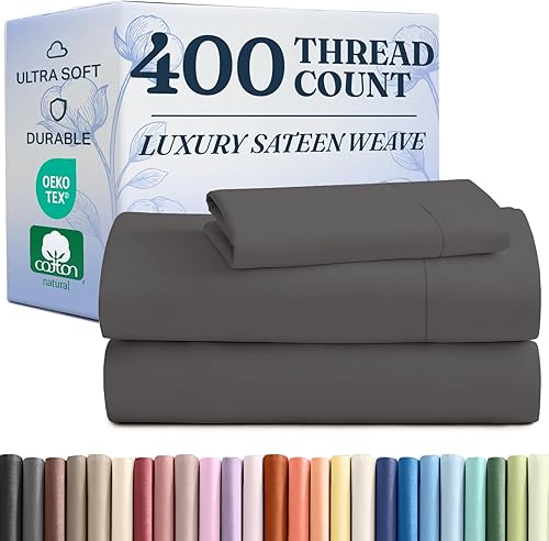 Juego de sábanas de 100 % algodón satinado de 400 hilos, sedoso y suave, para colchón alto, tamaño individual