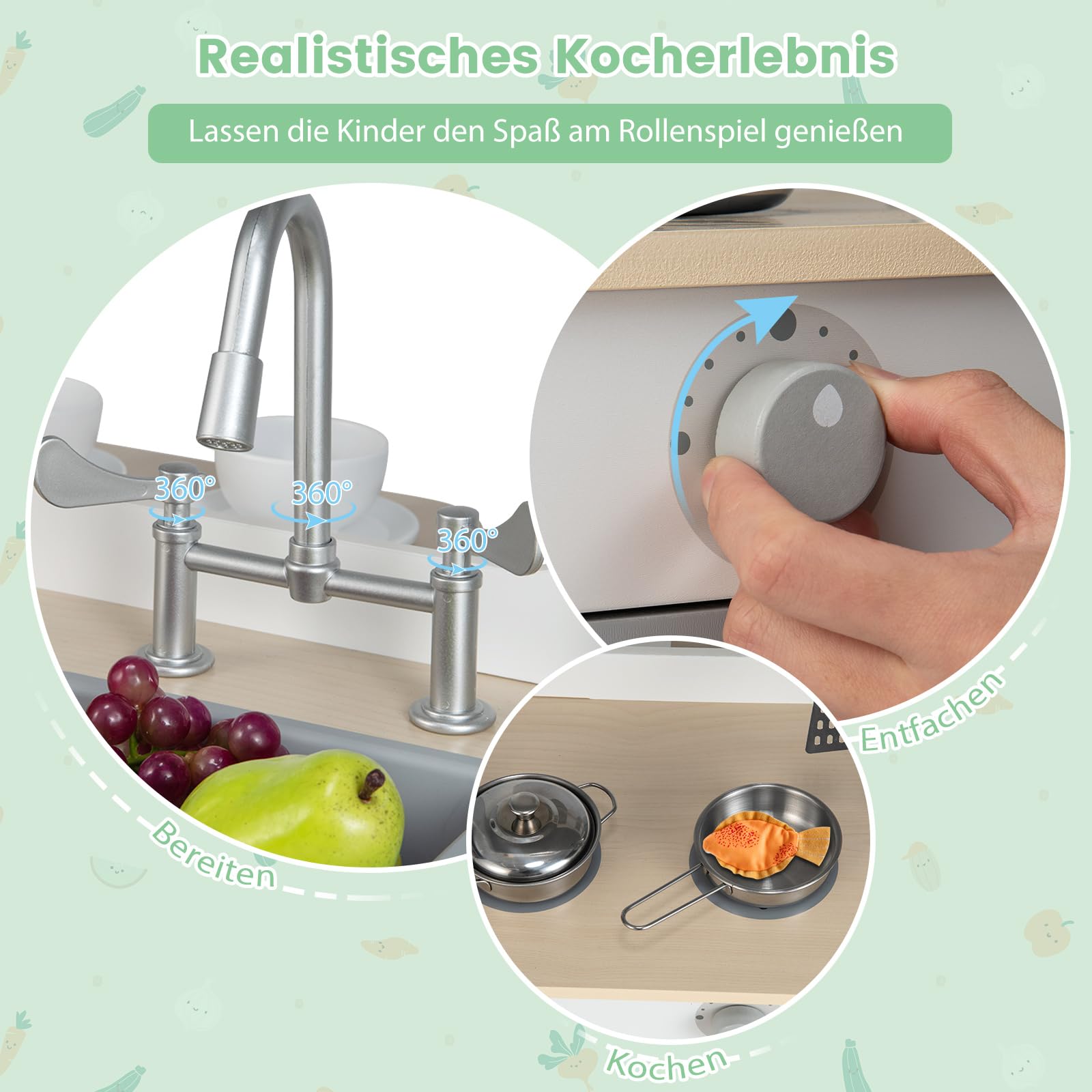 COSTWAY 2 in 1 Kinderküche mit Zubehör, Spielküche mit Restaurant zum Kochen & Servieren, Holzküche inkl. Wasserhahn Spüle Herd Ofen Handtuchhalter Haken, Spielzeugküche für Kinder ab 3 Jahren