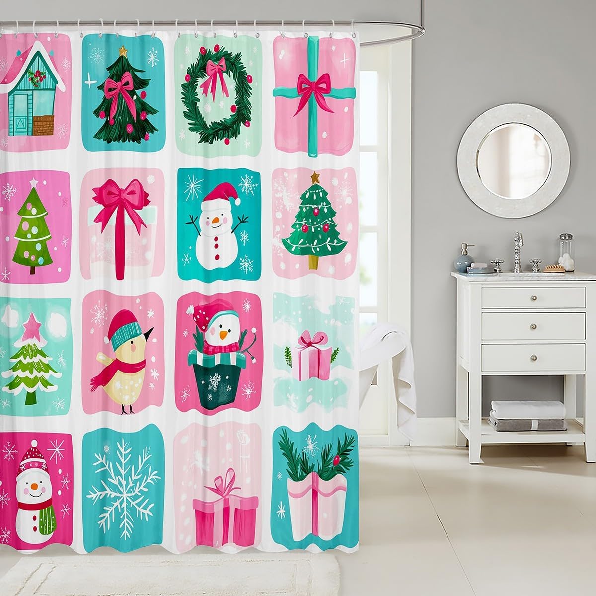 jejeloiu Christmas Shower Curtain for Bathroom Decor Santa Claus Bath Curtain Snowflake Bathroom Accessories Gift Boxes New Year Waterproof Polyester Fabric Pink Blue for Stalls Bathtubs 72"x72" image 2