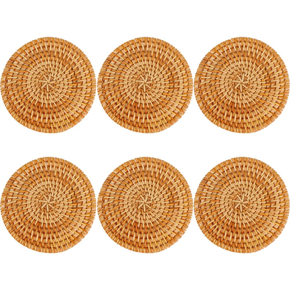 SCF2017 Set of 6 Round Weave Rattan Coasters for Drinks Cup Mat Cute Small Placemats - 10cm