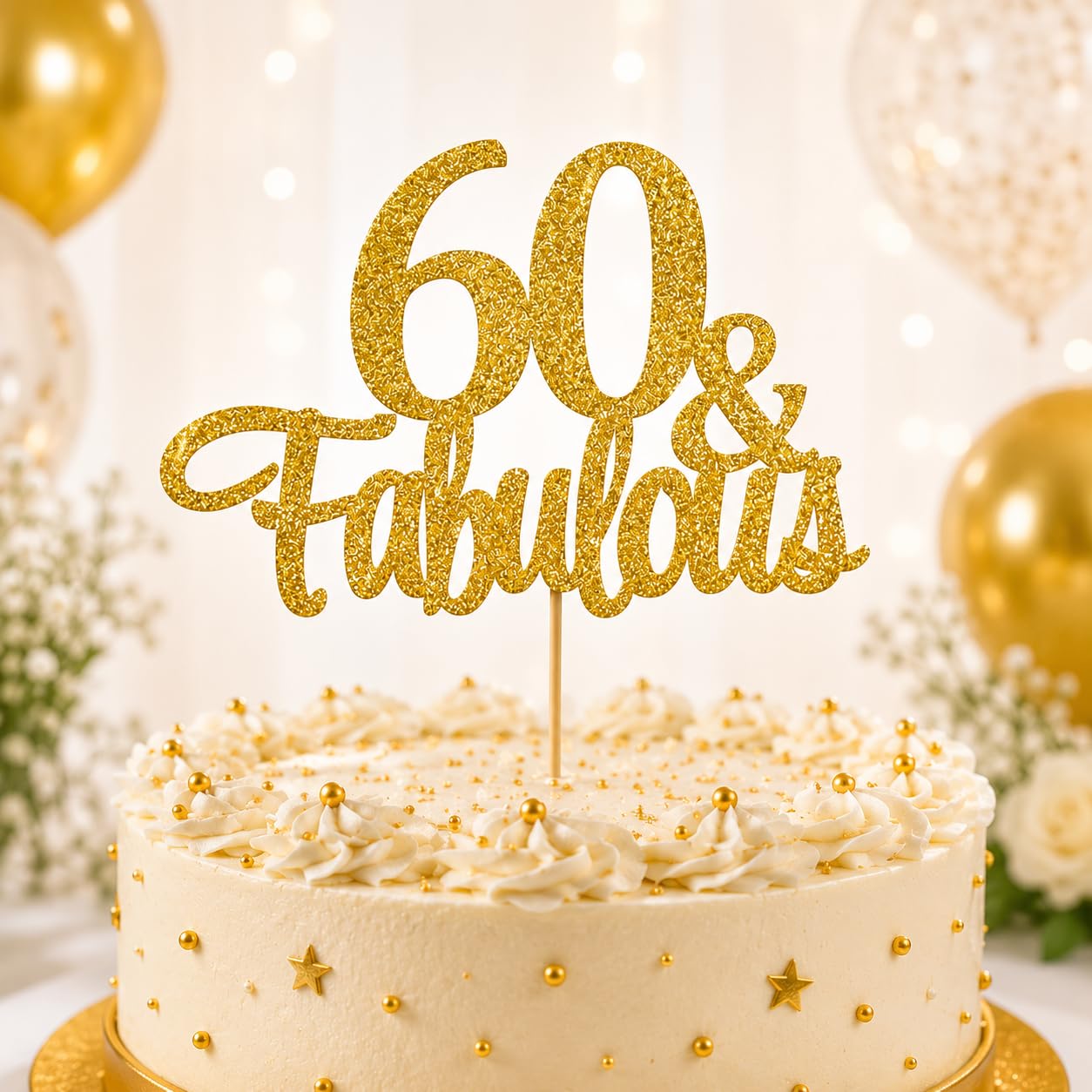 Gold Glitter 60th Birthday Cake Topper - "60 & Fabulous" -1