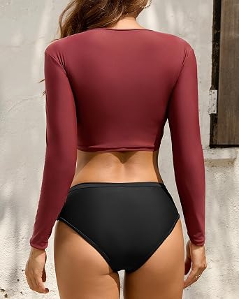 Cromi Women's Long Sleeve Crop Top 2 Piece Rash Guard Swimsuit