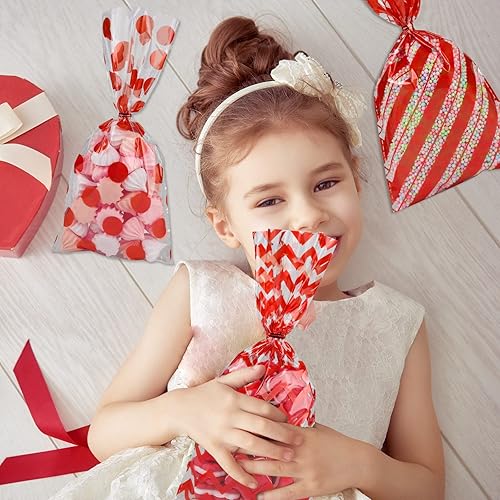 Miniatura 5 de Aneco Paquete de 100 bolsas de celofán rojo, bolsas de plástico para caramelos, bolsas de regalo, bolsas de regalo con lazos giratorios para San