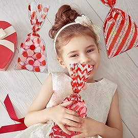 Aneco 100 Pack Red Cellophane Bags 10.6 x 5.1 Inch Plastic Candy Bags Gift Bags Goodie Bags with Twist Ties for Valentine, Birthday, Gift Cookie Snack Packing Party Favor Supplies