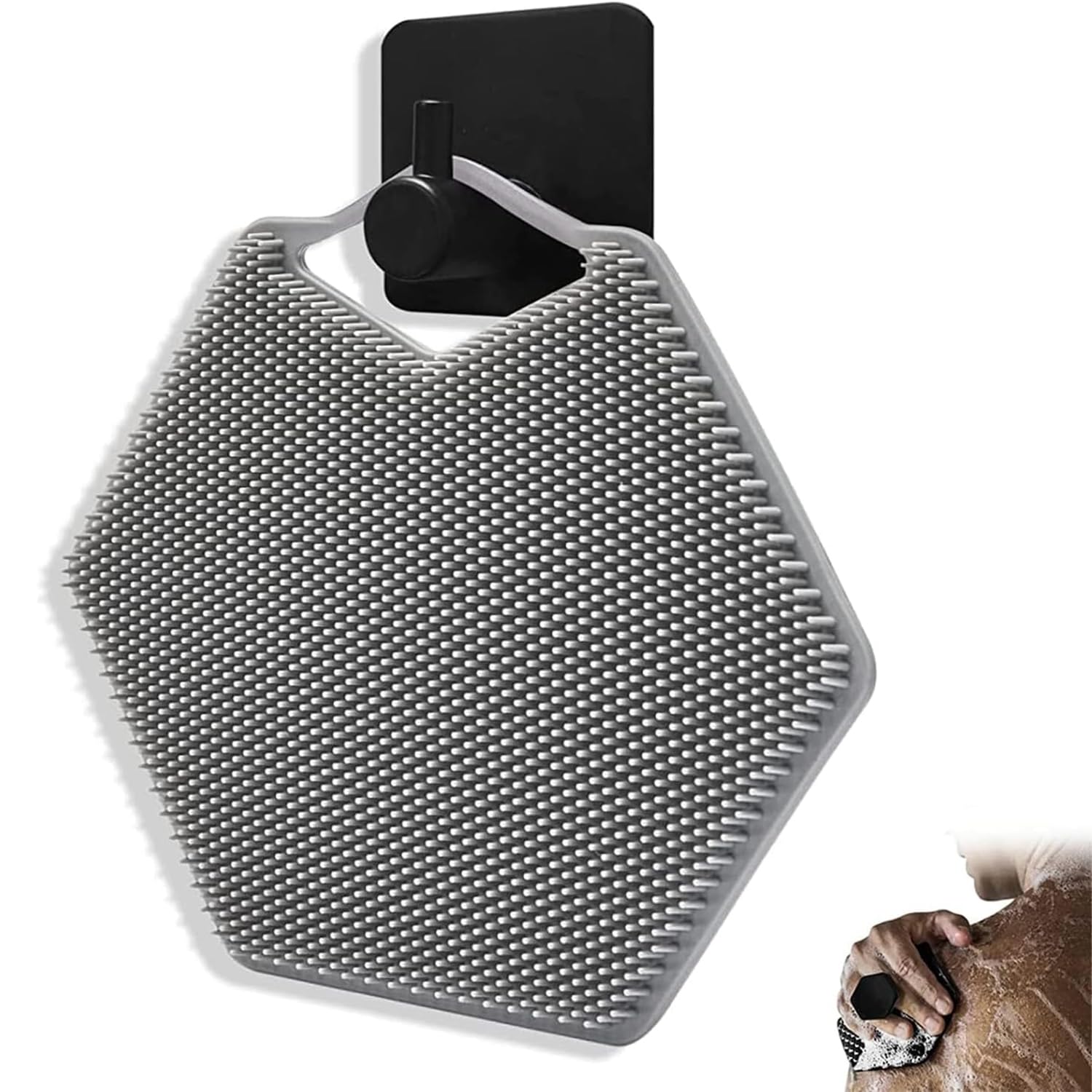 Silicone Body Scrubber, Removable & Reusable Gentle Exfoliator Pad & Massager, Features Silicone-Grip Technology, Body Scrubber & Storage Hook Set, for Men Women Kids Pets (Grey)