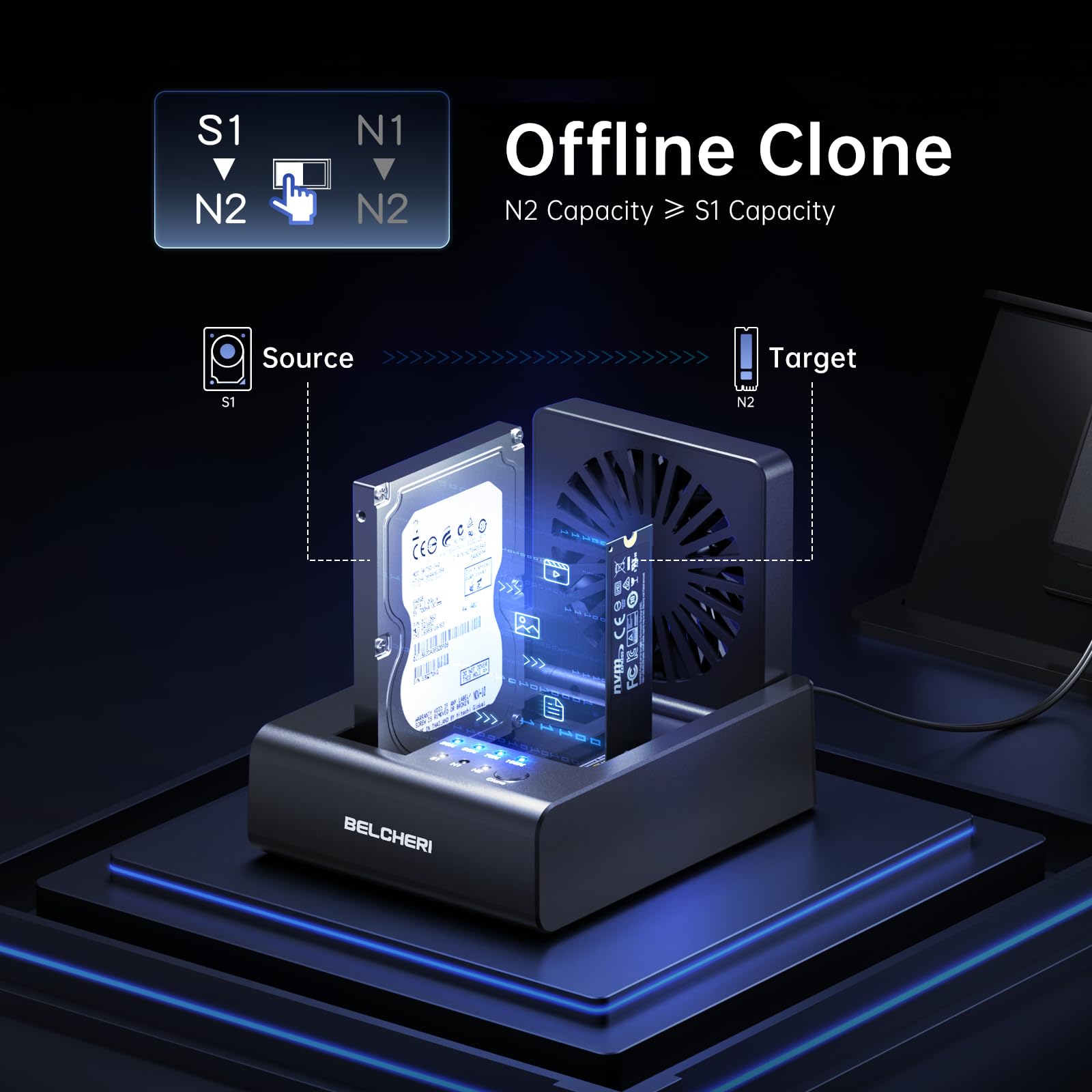 Base de 3 bahías para clonación de discos duros, USB 3.2 Gen 2, 10 Gbps, para M.2 NVMe SSD y SATA HDD de 2,5"/3,5", HDD/M.2 NVMe SSD Cloner Docking Station con ventilador plegable