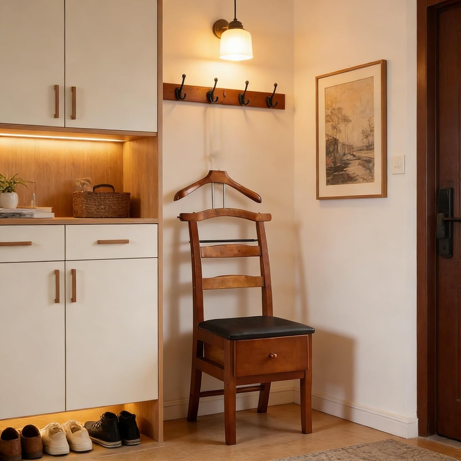 Wooden Suit Valet Stand,Clothes Butler Wood Valet Stand with Drawer&Tray Clothing Rack with Contour Hanger Trouser Bar Suit Rack for Living Room Office Dressing Room