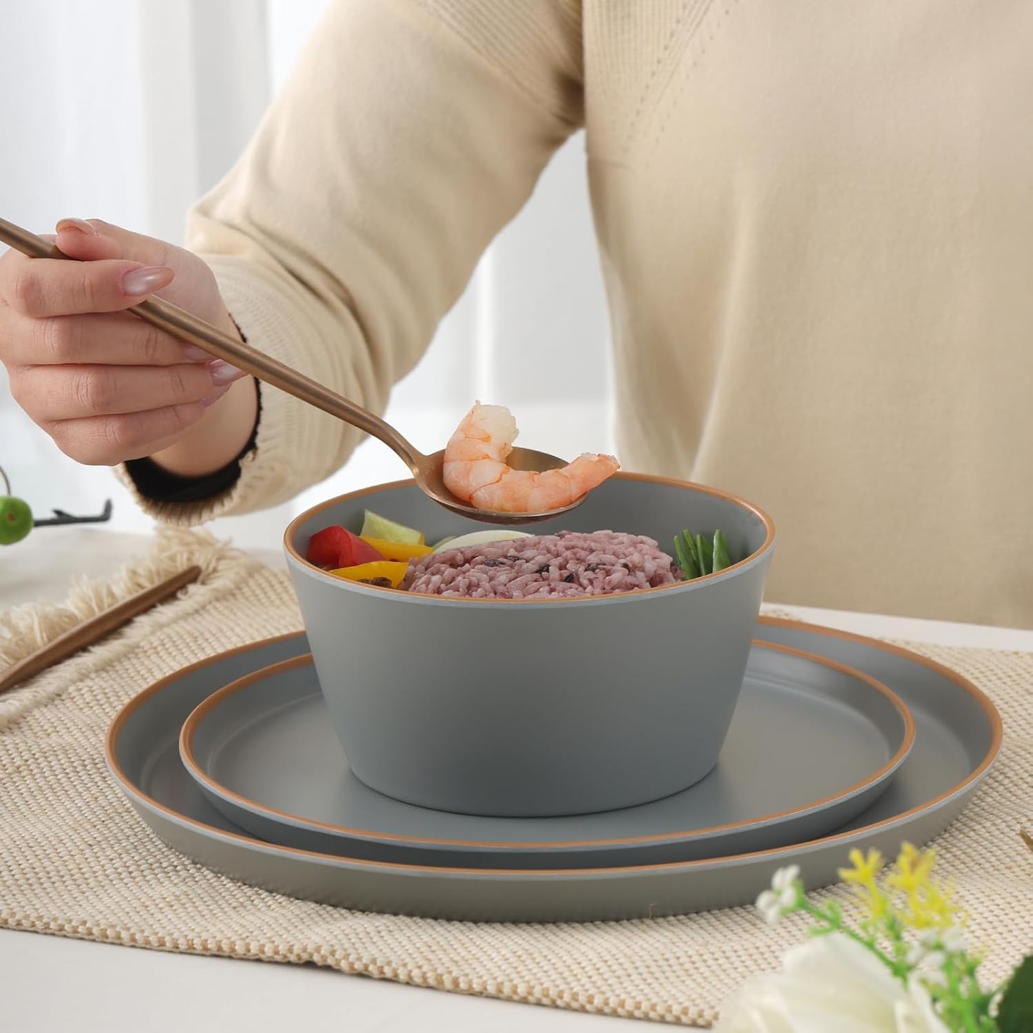 Melamine Dinnerware for 4, 12 Pieces Unbreakable Matte Plastic Plates and Bowls set, Kitchen Dish set BPA Free, Dishwasher Top Safe, Not Microwave, Not Oven (Grey)