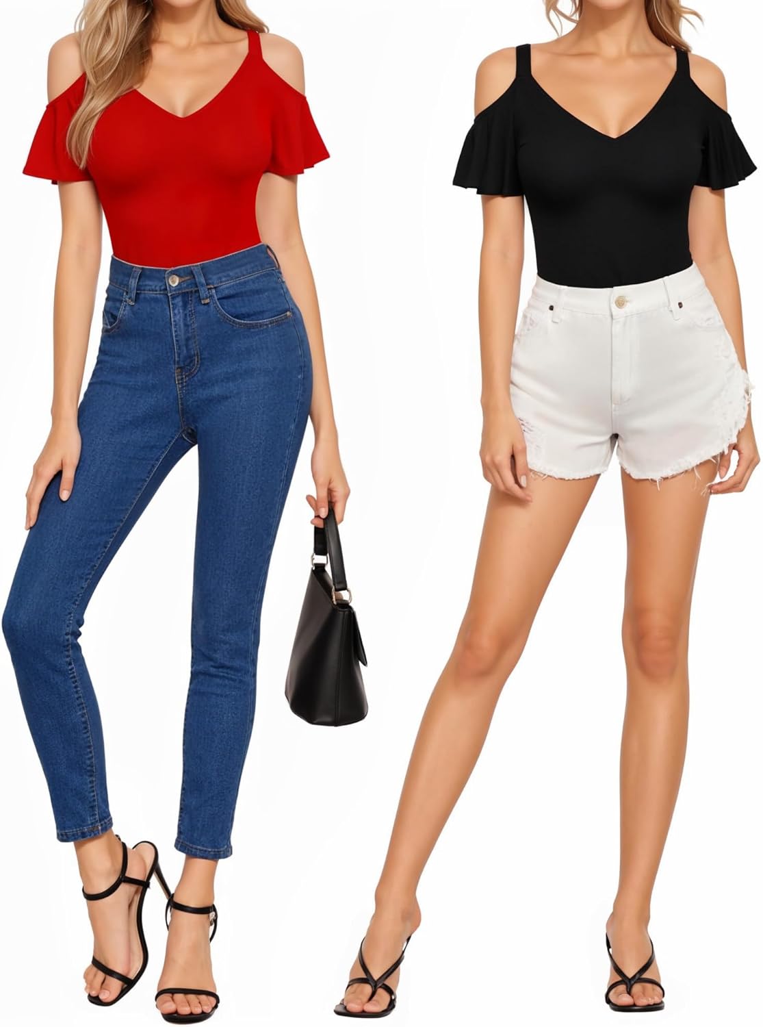 HERLOLLYCHIPS Sexy Tops for Women Cold Shoulder Deep V Neck Short Sleeve Slim Fit Summer Casual Tees T-Shirts (Red, XX-Large) - Image 4