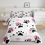 Feelyou Dog Paw Print Bedding Set for Kids Boys Girls Teens Toddler Cute Animal Print Duvet Set Queen Size Pink Black Comforter Set Kawaii Quilt Set 3Pcs